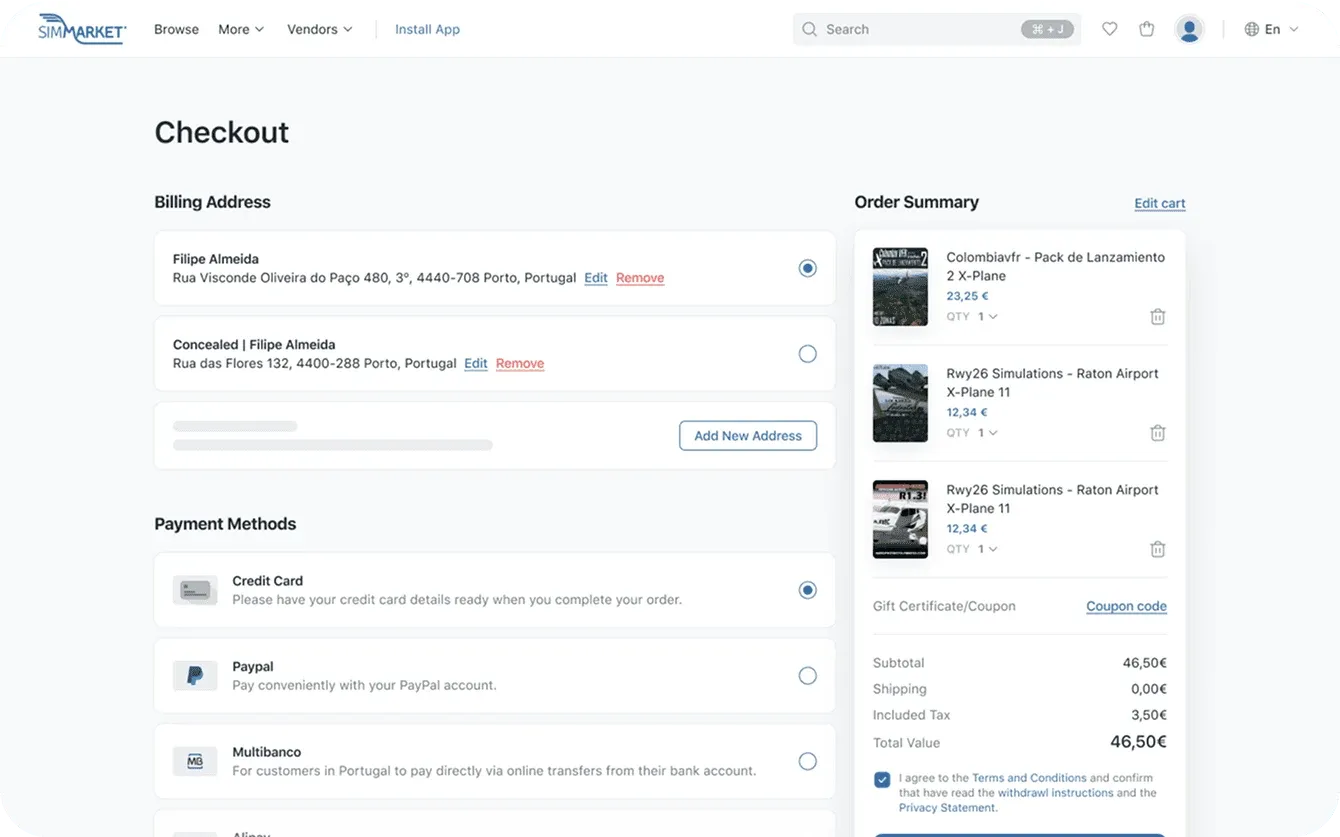 simMarket website checkout with billing address, payment methods and order summary