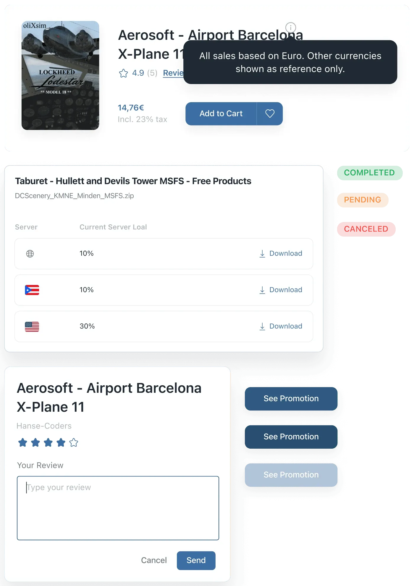 simMarket website components: a product card, a download list, a review form and buttons