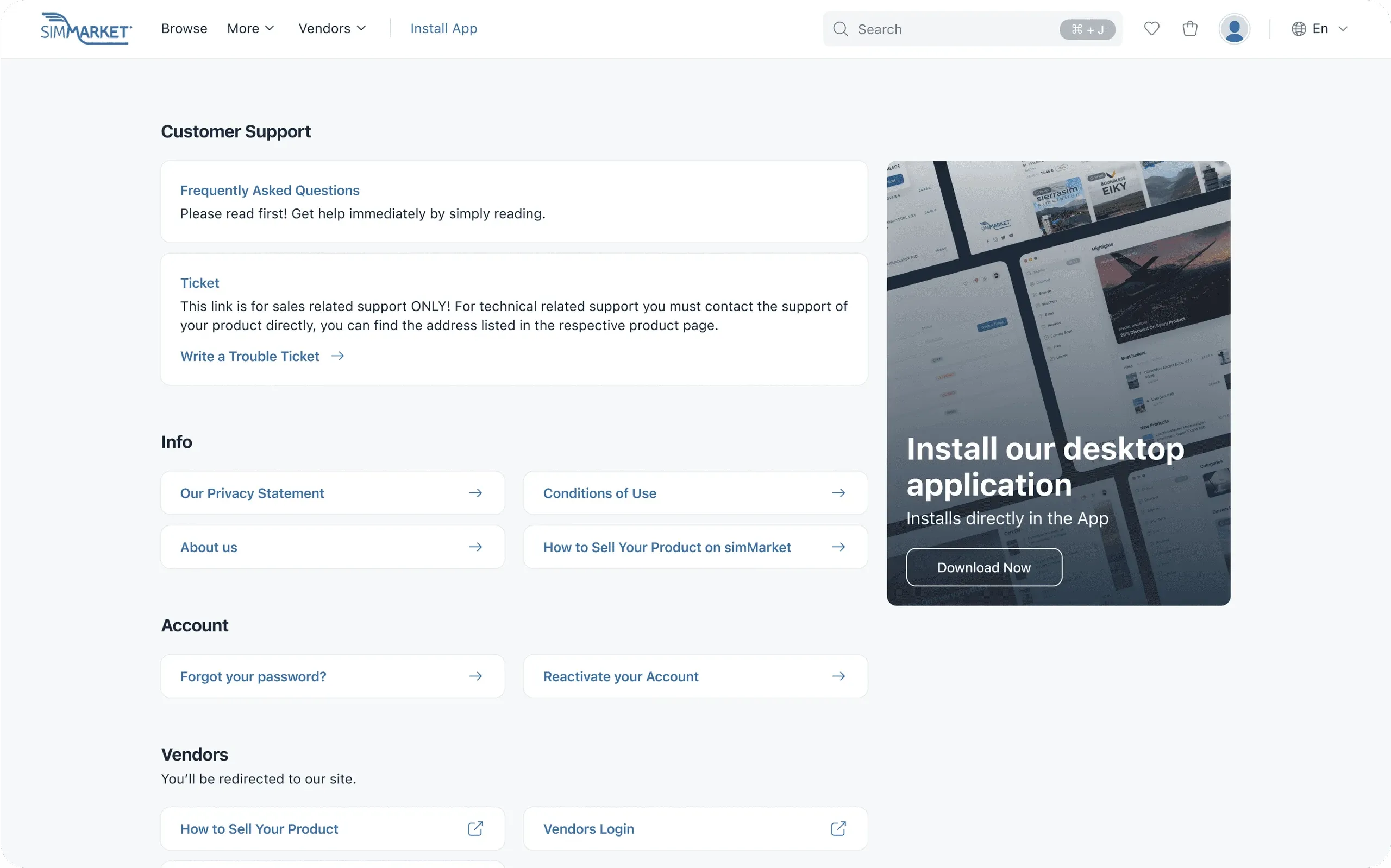 simMarket website customer support page