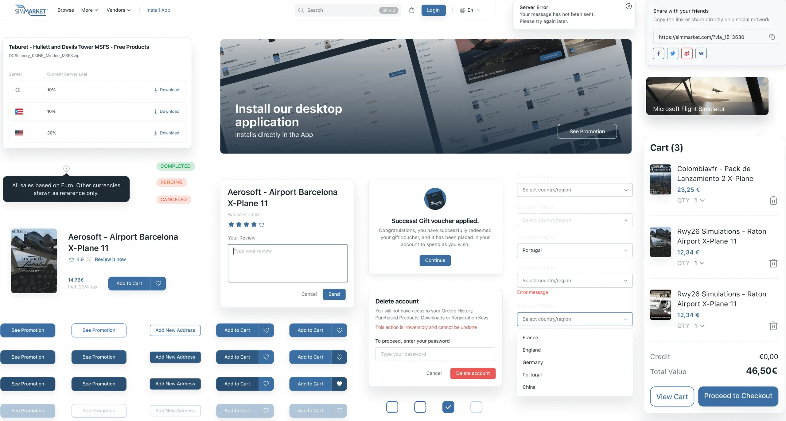 simMarket website design system components: product cards, forms, dialogs, a cart and buttons
