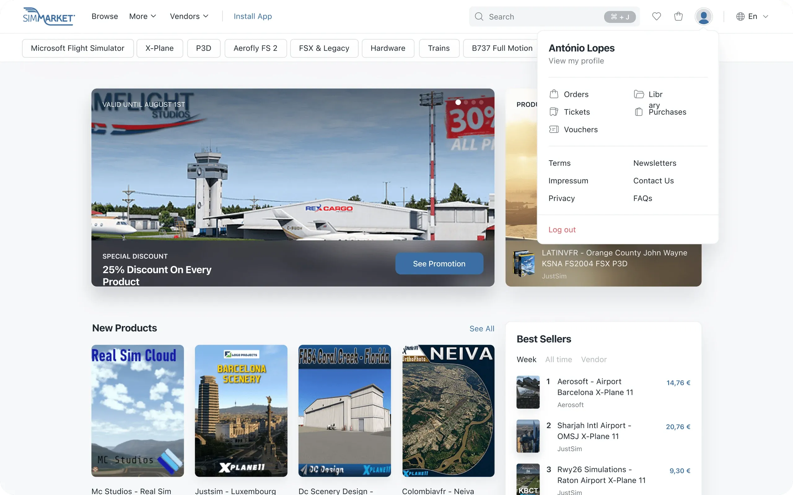 simMarket website homepage with the account menu open