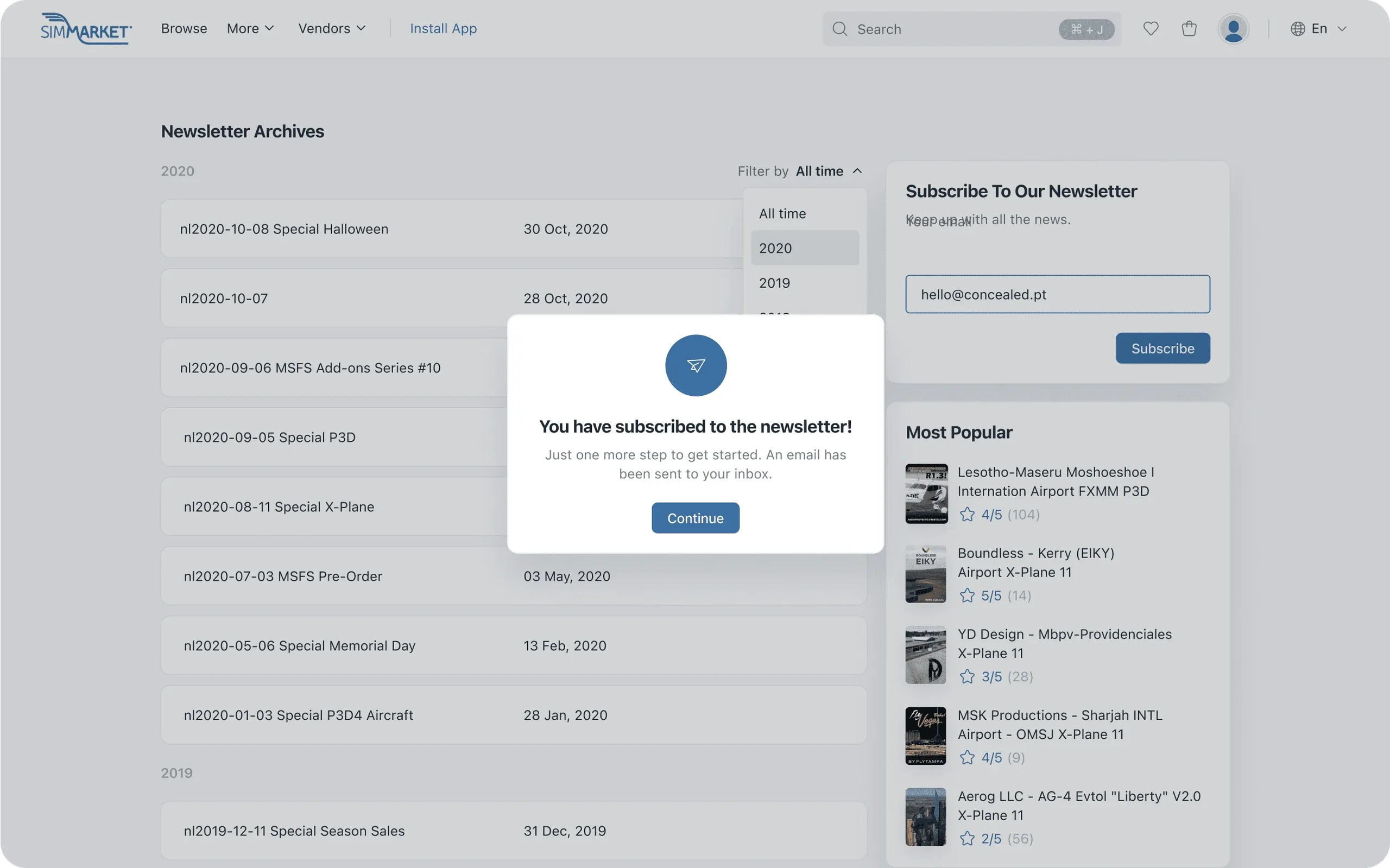 simMarket website newsletter archive with a subscription confirmation