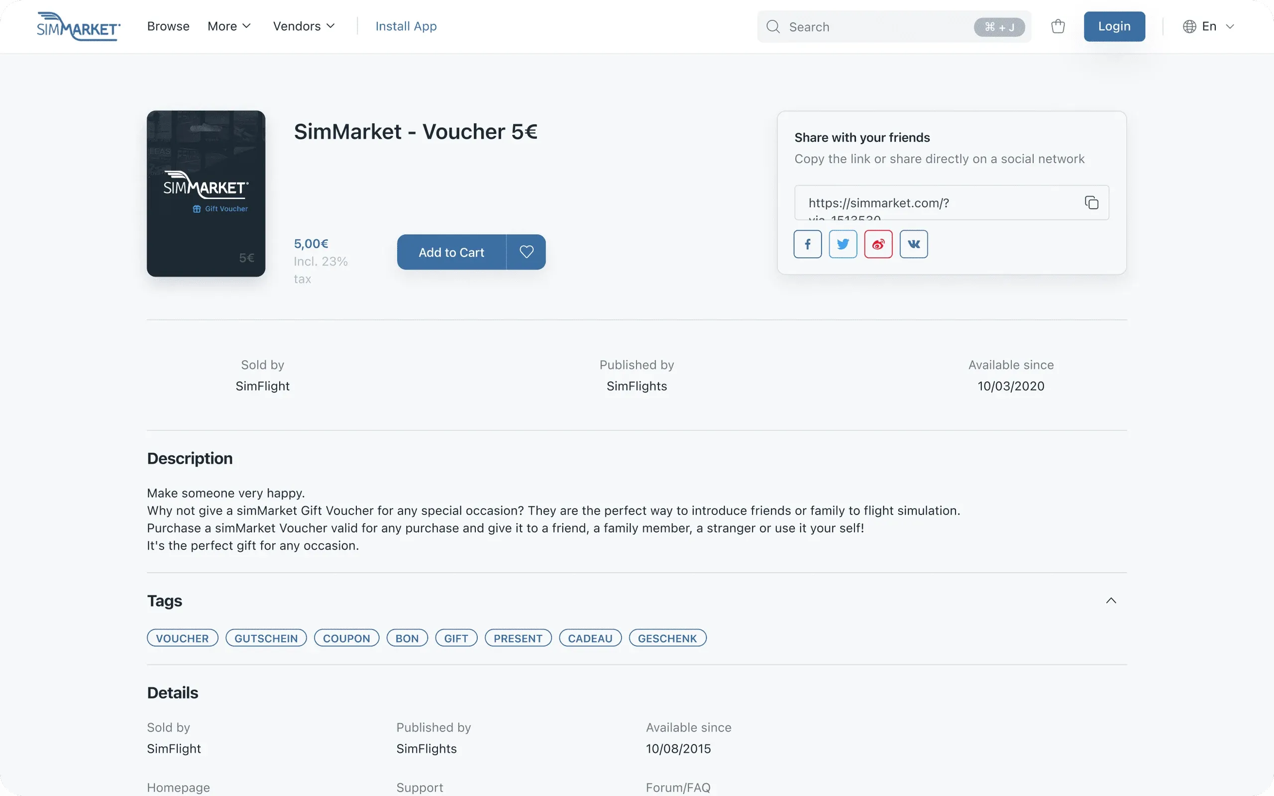 simMarket website product page for a 5€ voucher