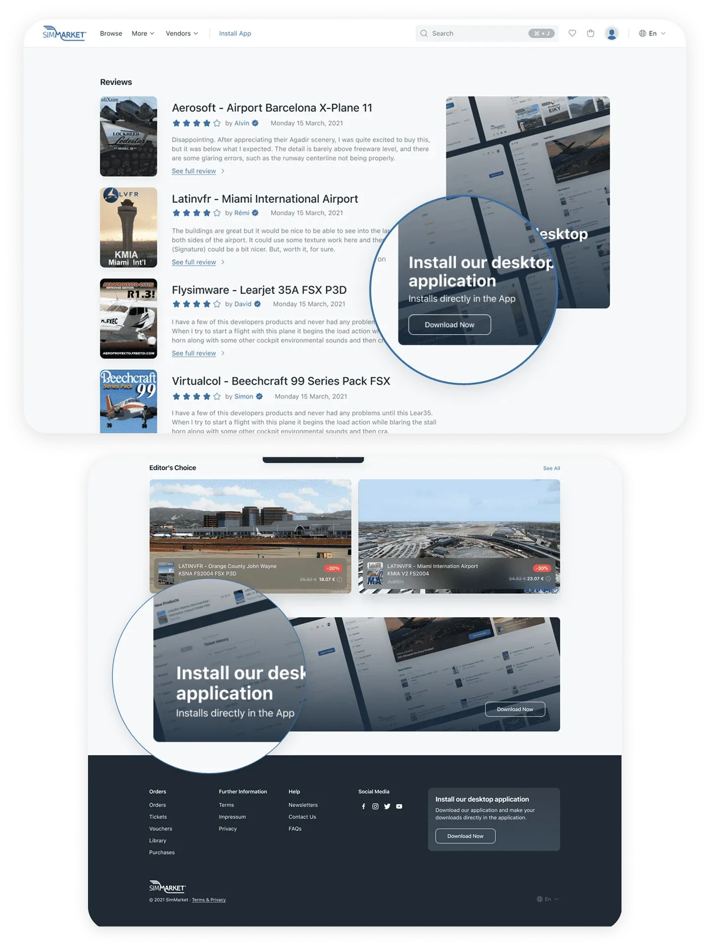simMarket website prompts to install the desktop app, on mobile-width pages