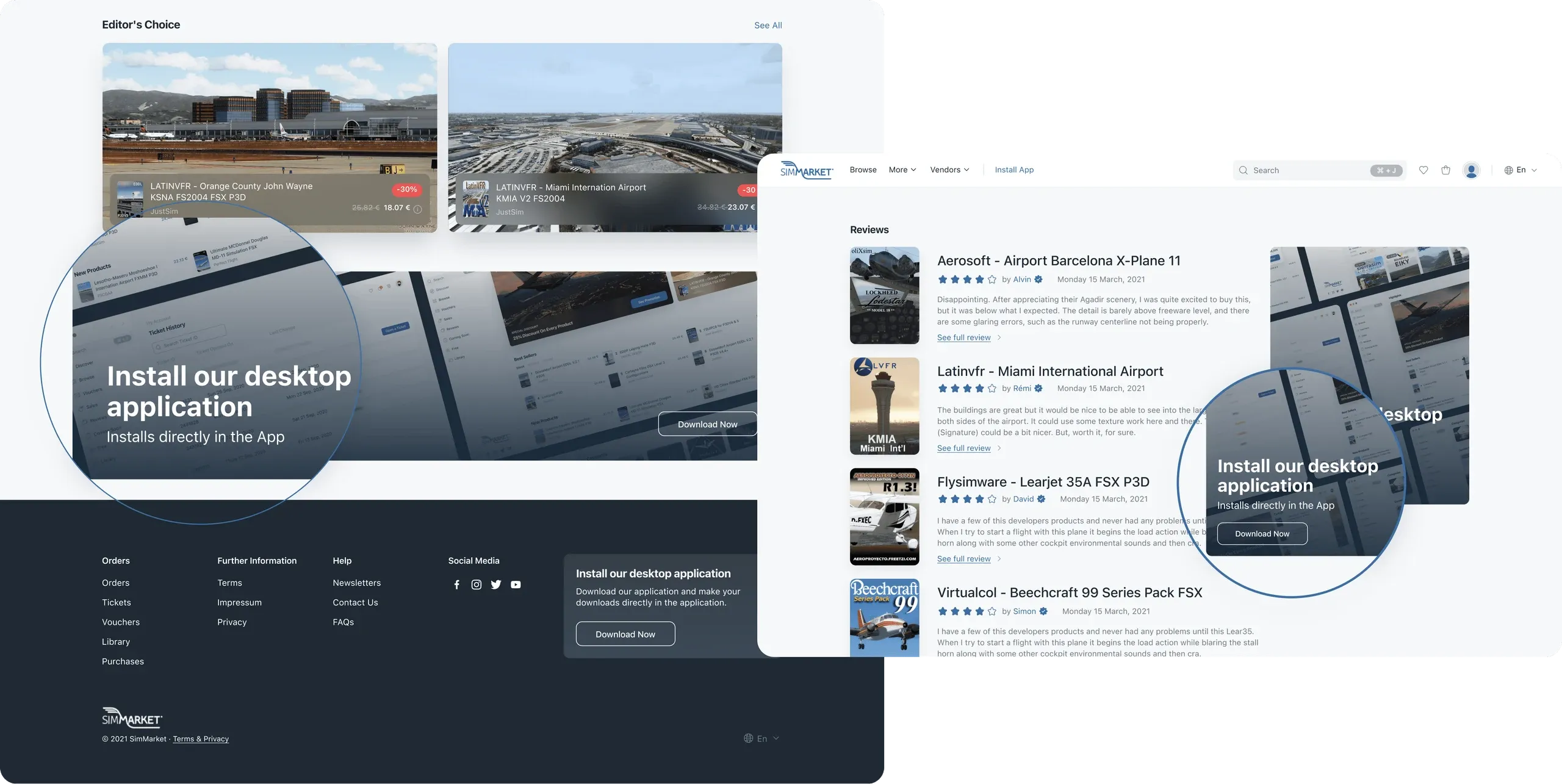 simMarket website prompts to install the desktop app, on the homepage and the reviews page