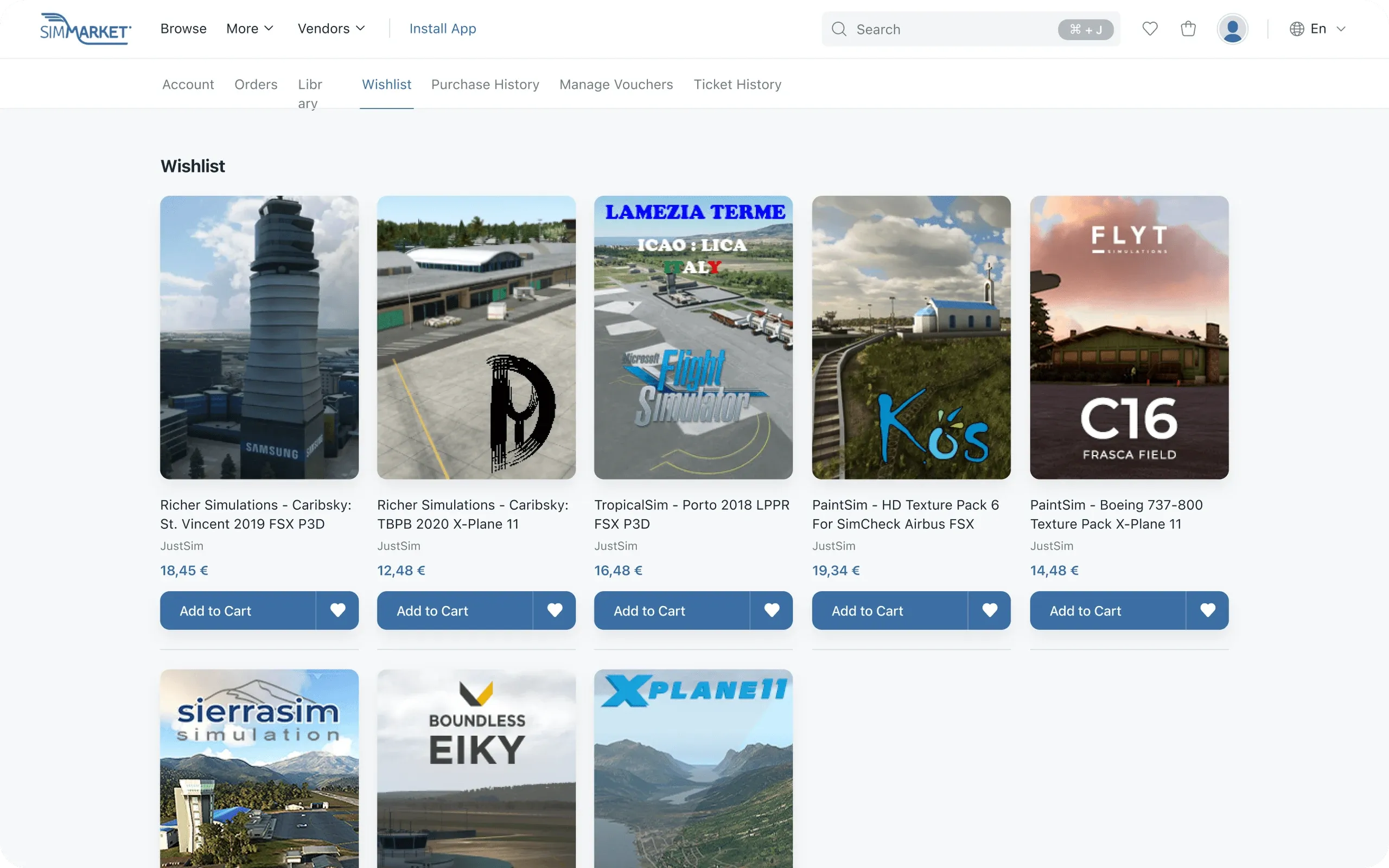 simMarket website wishlist
