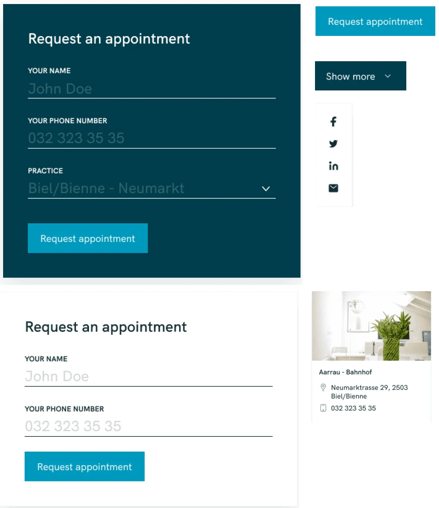 start.physio appointment request forms and a practice card