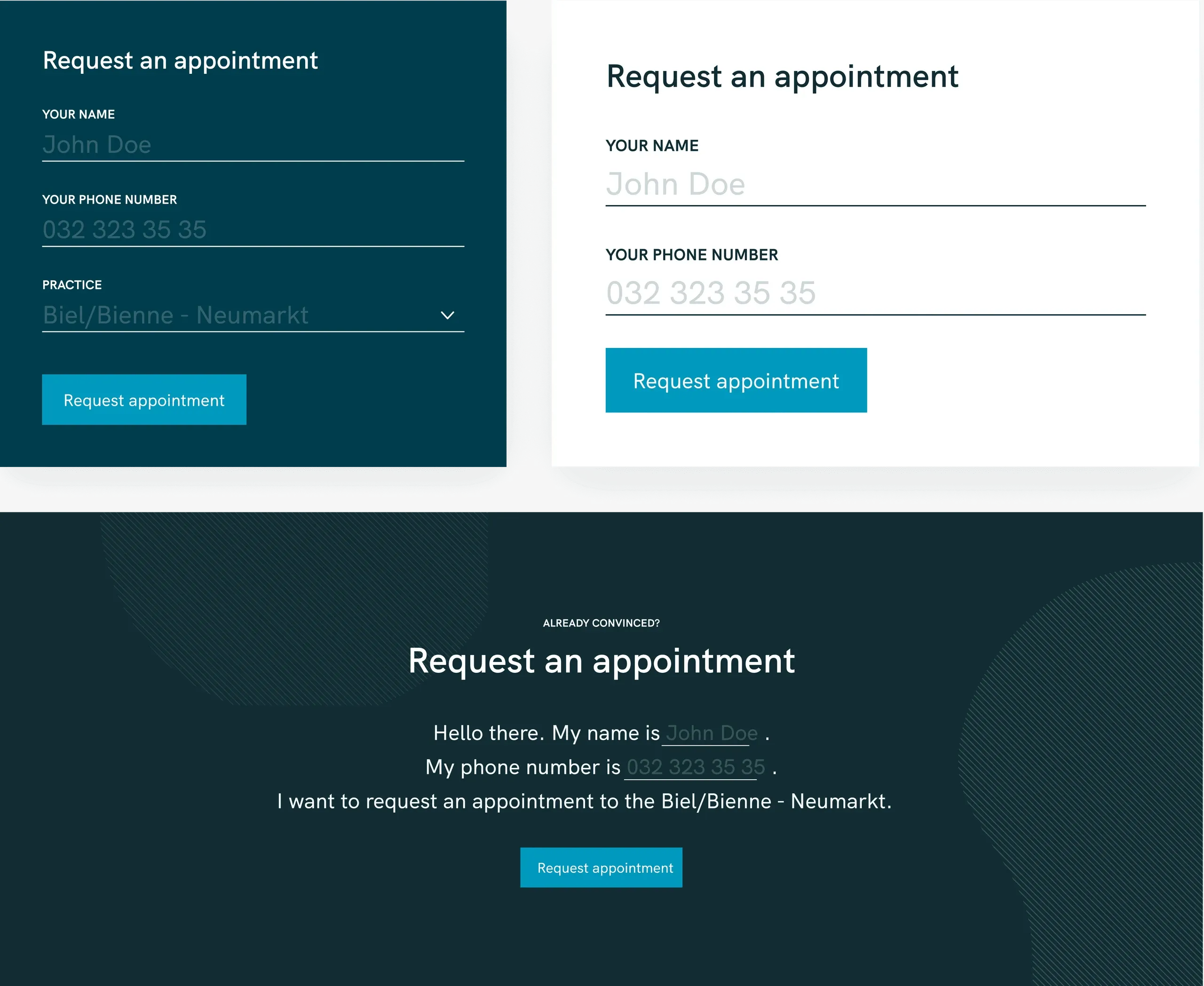 start.physio appointment request forms, including a sentence-style form