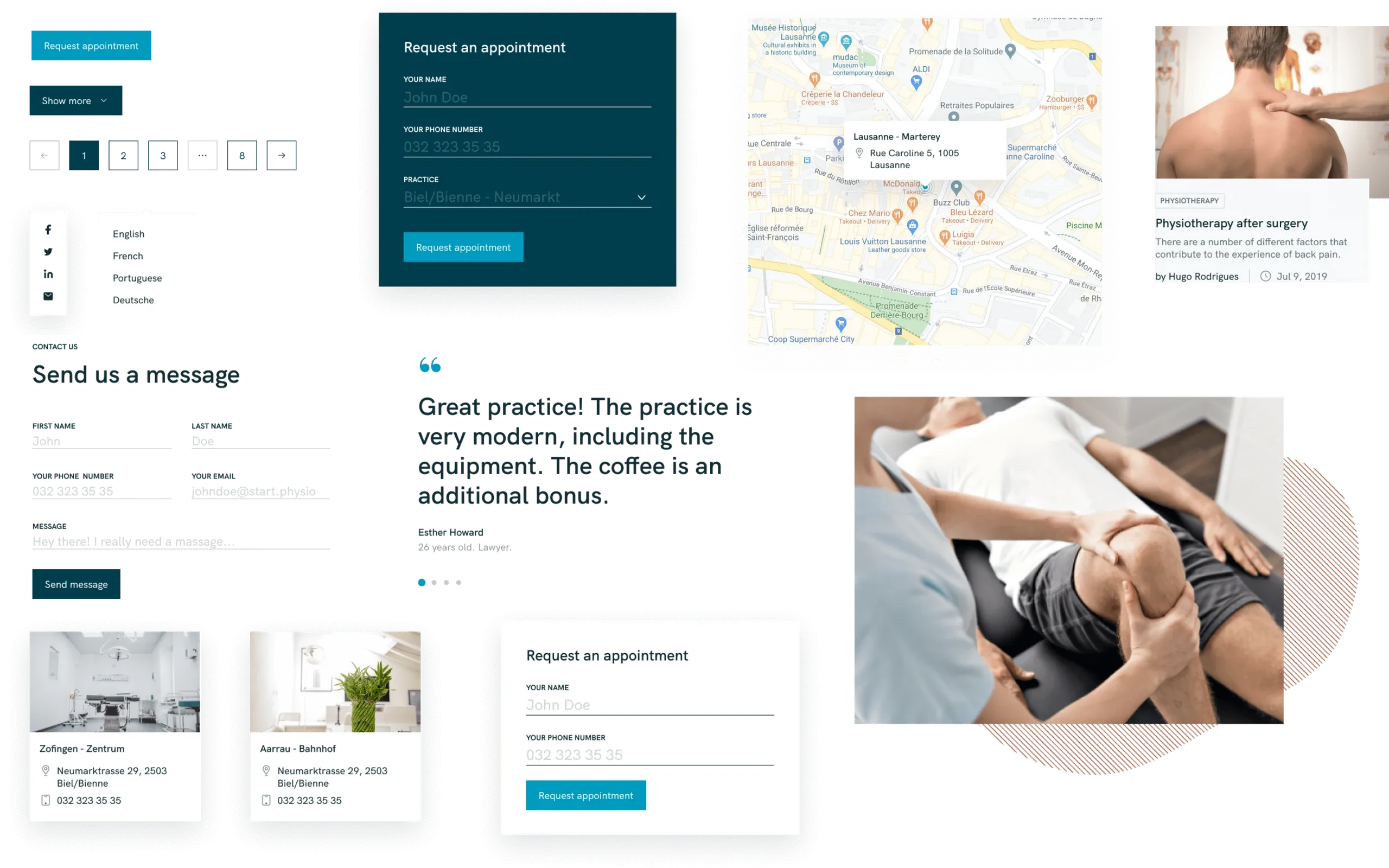 start.physio design system components: buttons, appointment forms, a map, practice cards and a blog card