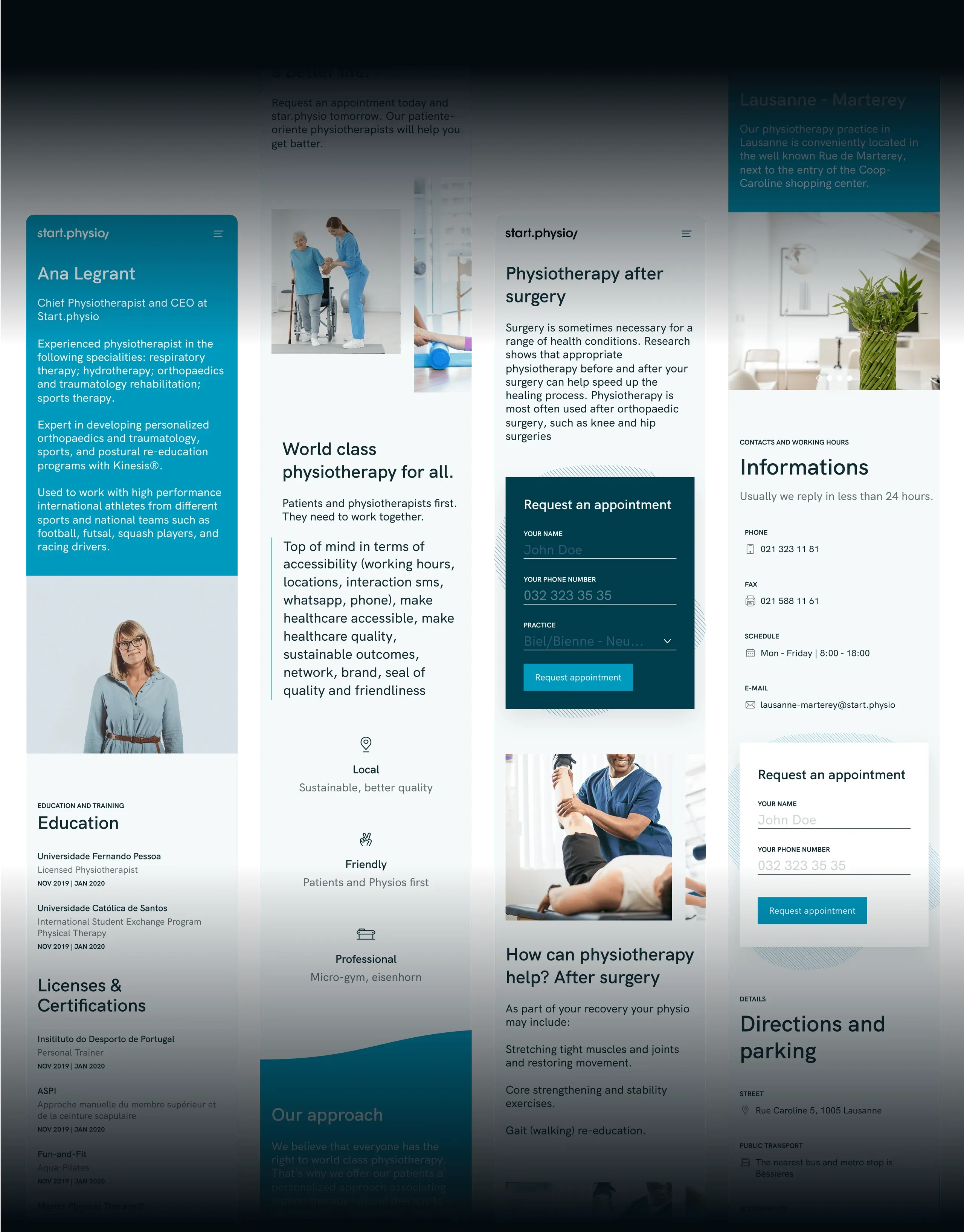 start.physio mobile pages: a therapist profile, the homepage, a service page and a practice page