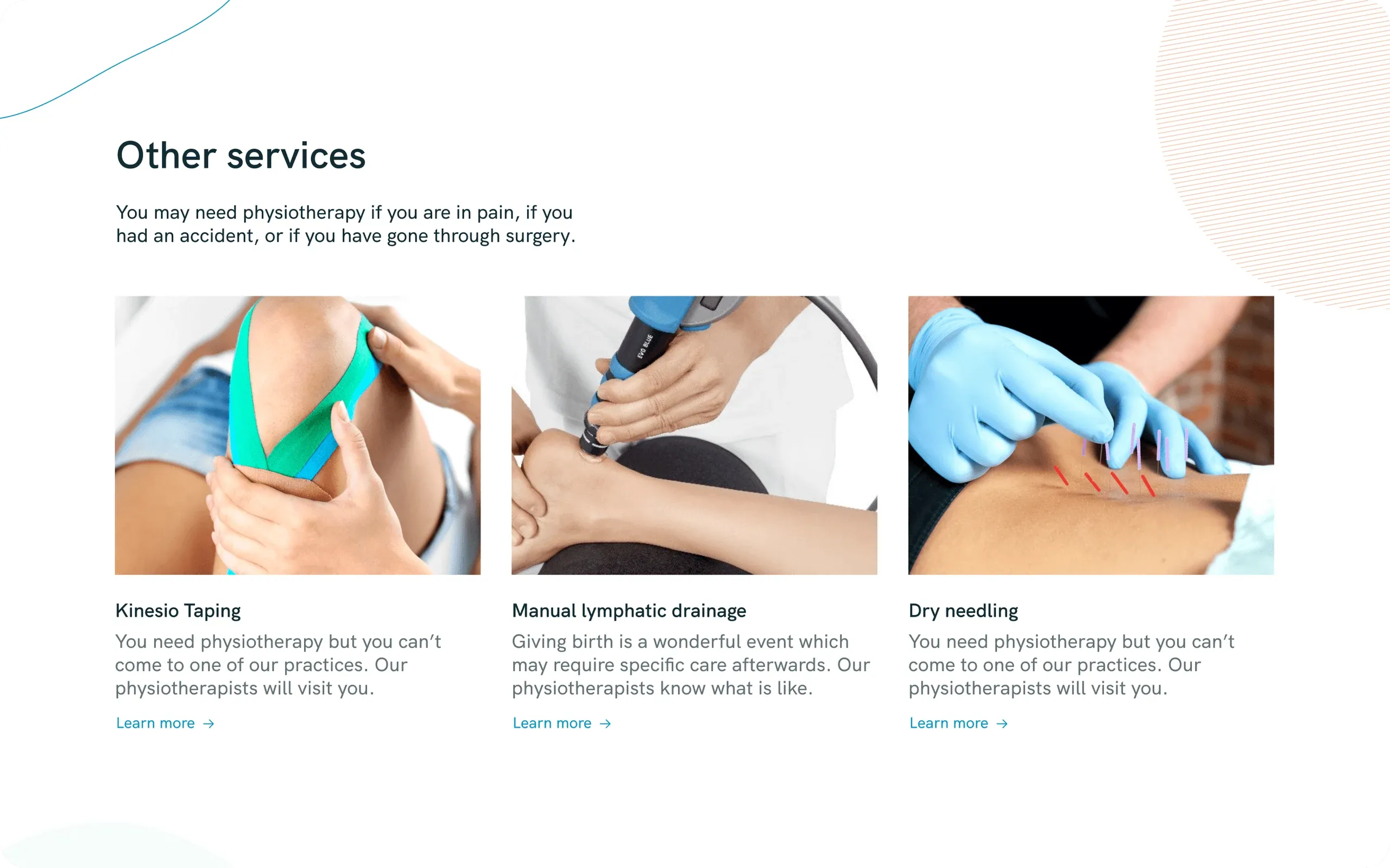 start.physio "Other services": Kinesio taping, manual lymphatic drainage and dry needling