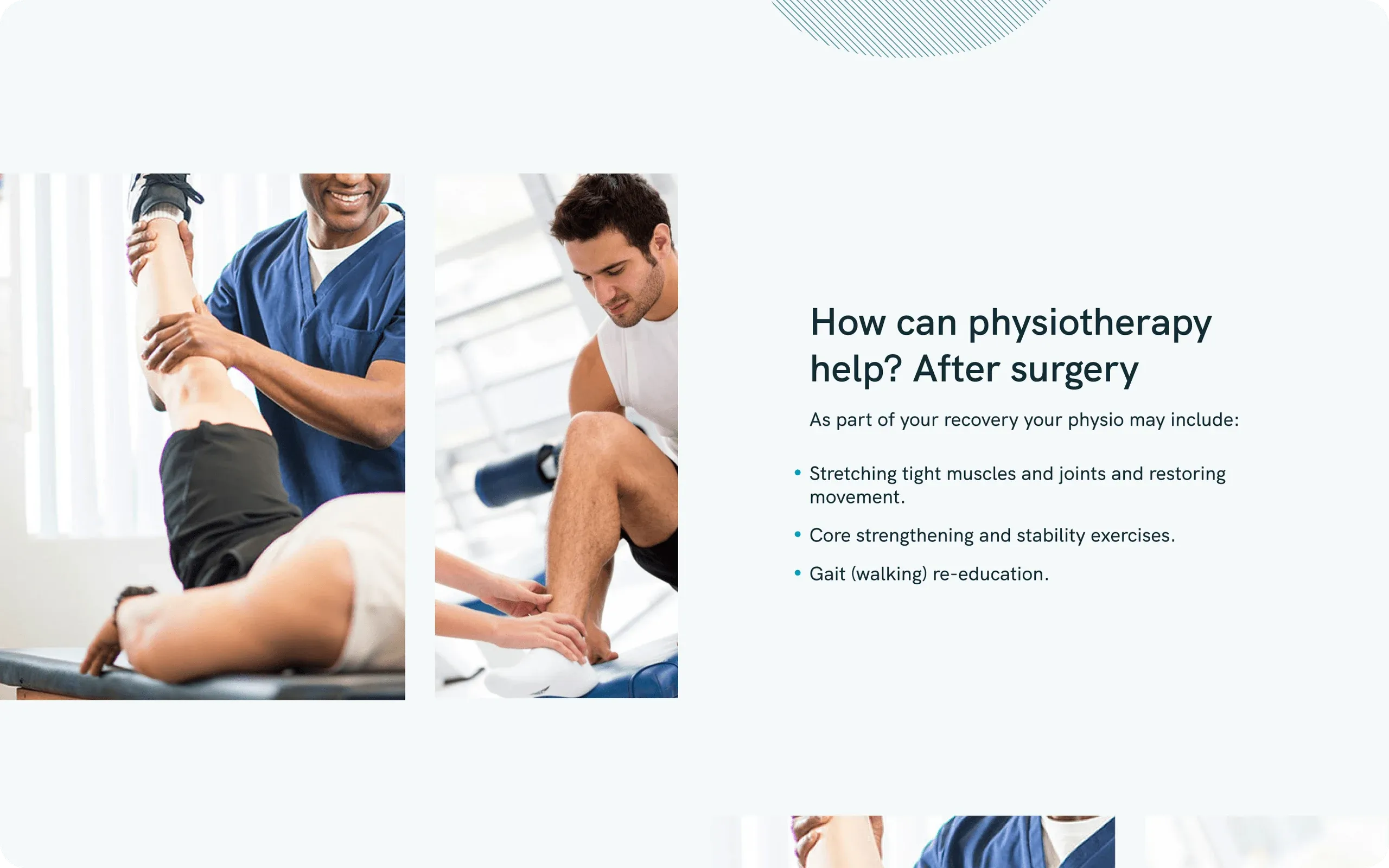 start.physio section "How can physiotherapy help? After surgery" with treatment photos