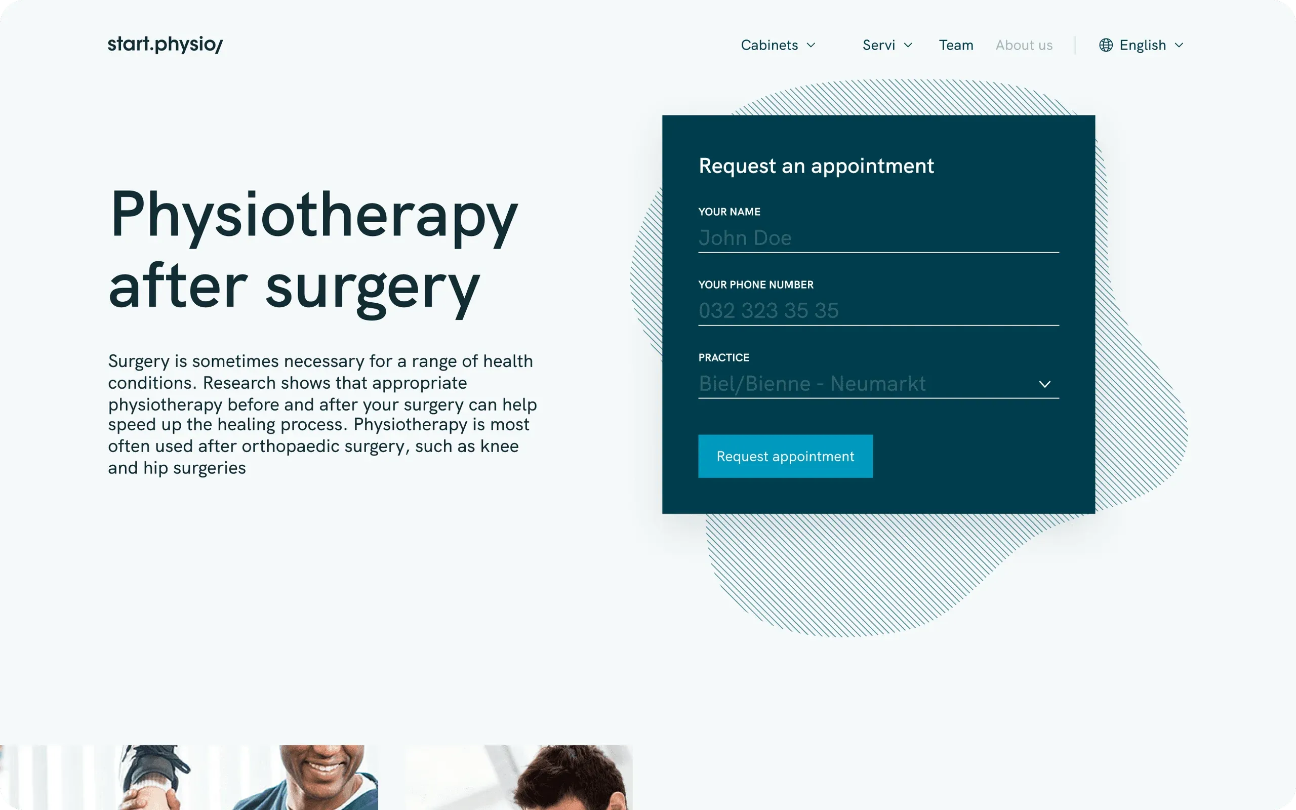 start.physio service page "Physiotherapy after surgery" with an appointment form