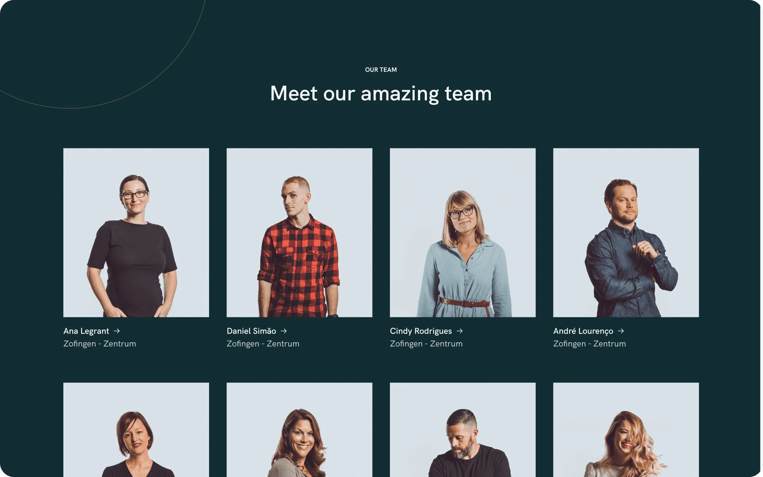 start.physio team section, "Meet our amazing team", with portraits of physiotherapists