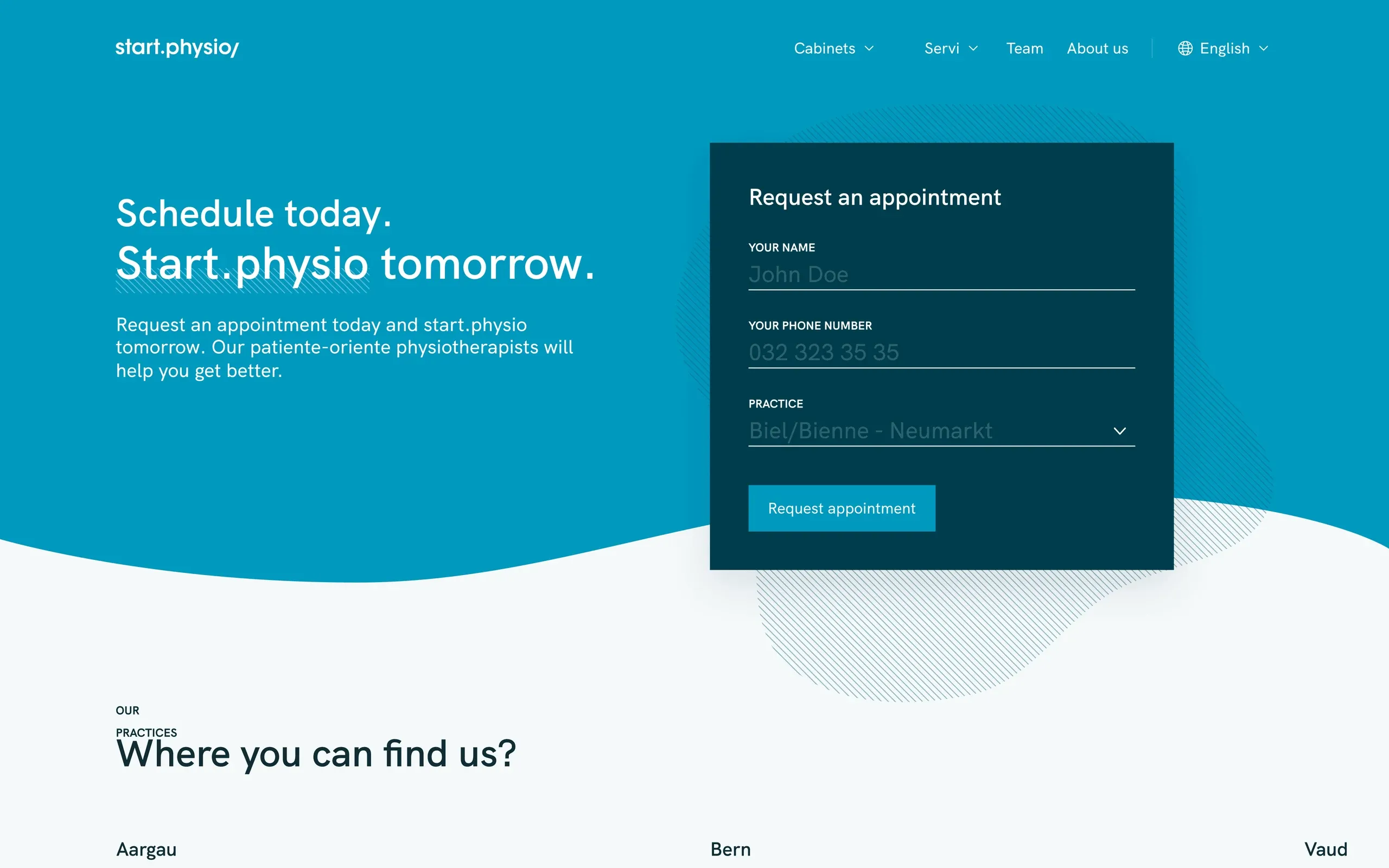 start.physio homepage hero, "Schedule today. Start.physio tomorrow.", with an appointment request form