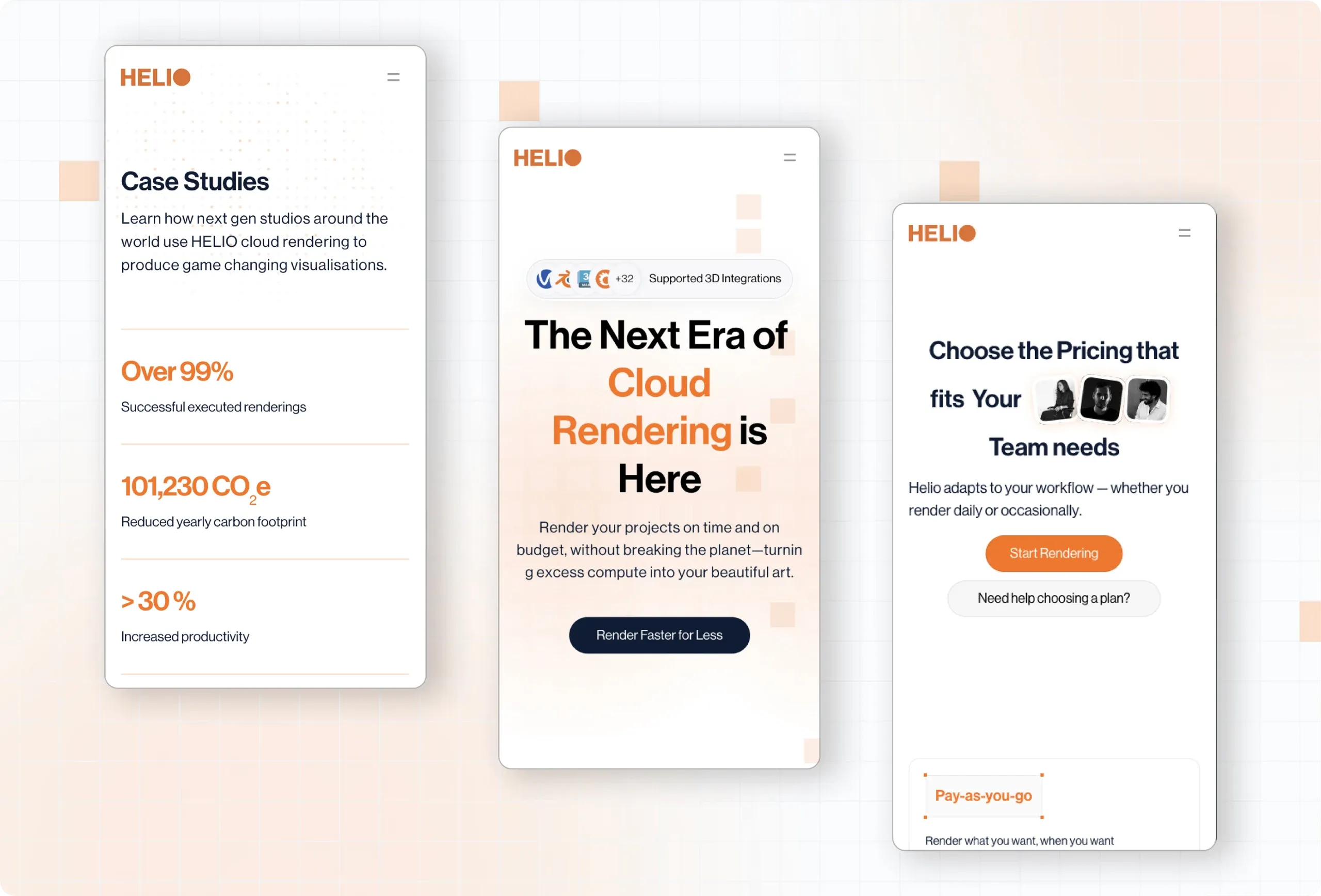Three Helio Render mobile screens: case study results, the homepage hero and pricing