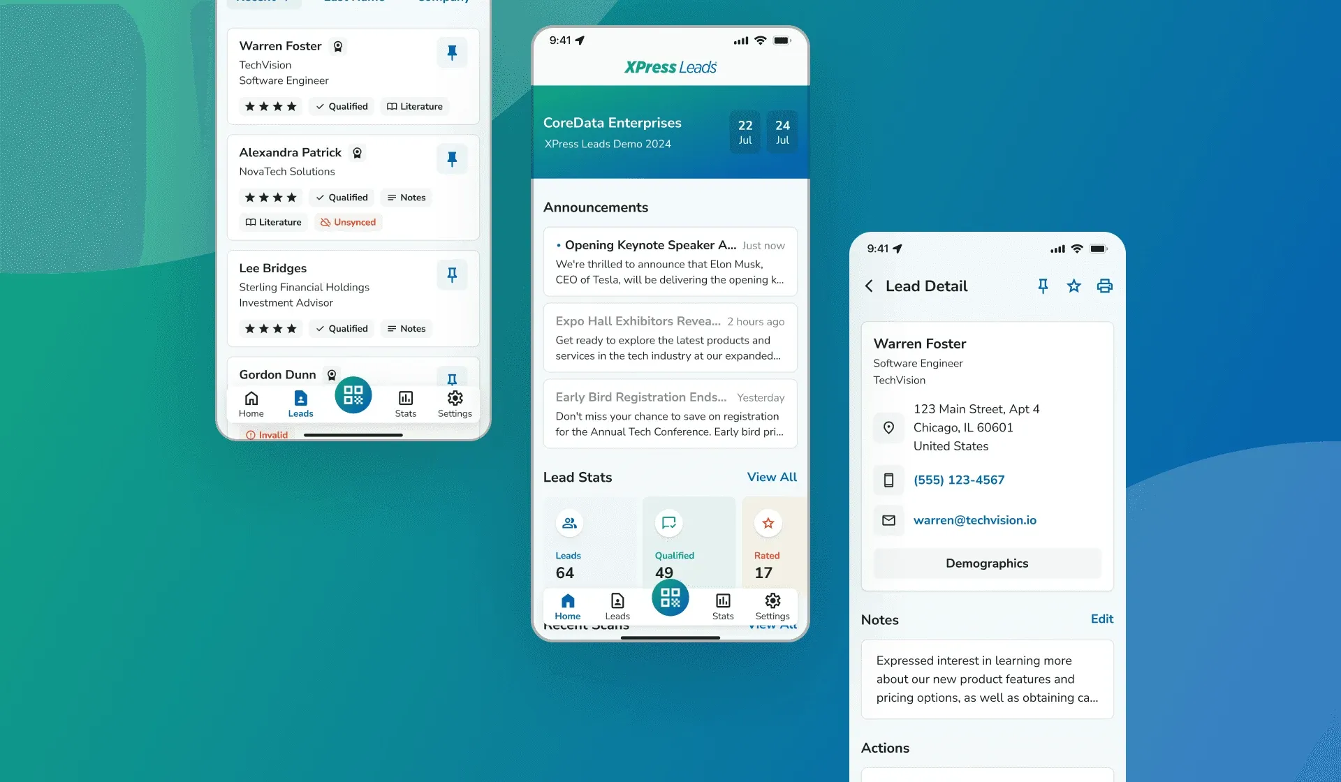 Three smartphones showing the XPress Leads app: contacts, announcements, and detailed contact info on a blue-green background.