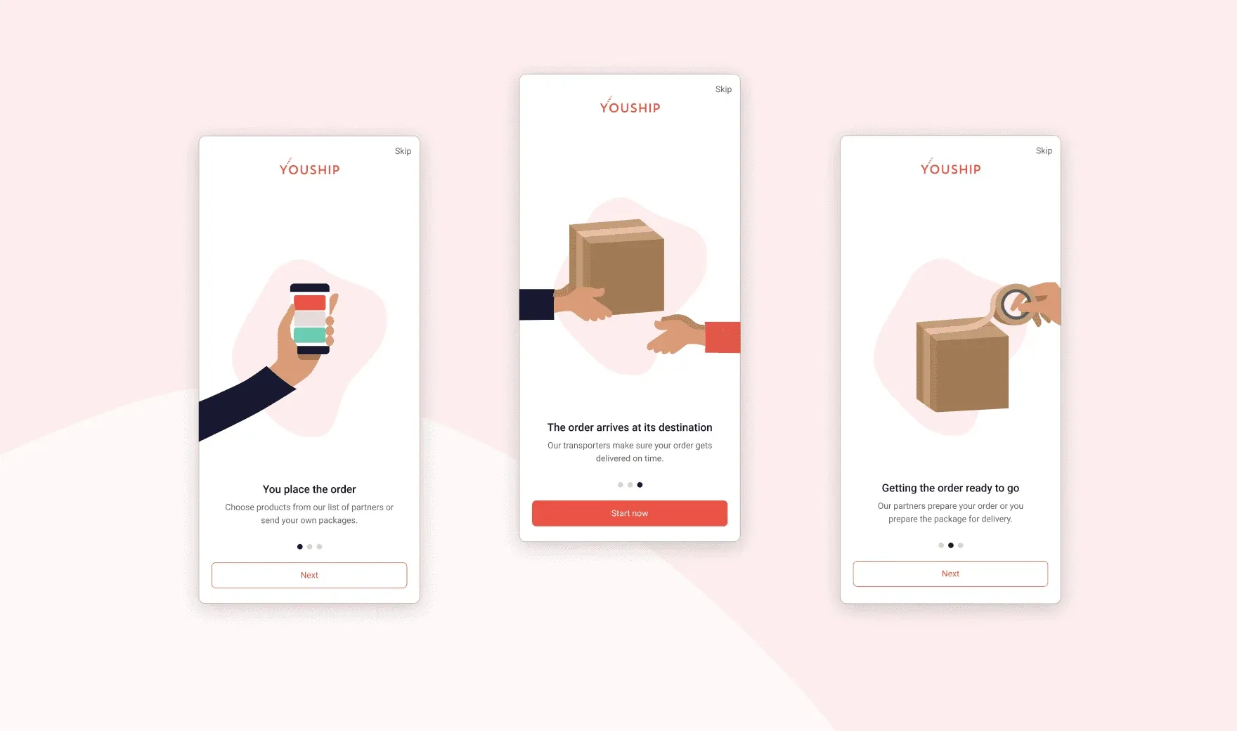 Three YouShip mobile app screens regarding the onboarding process. With simple illustrations, they show order placement, delivery handoff, and order prep in a clean design.