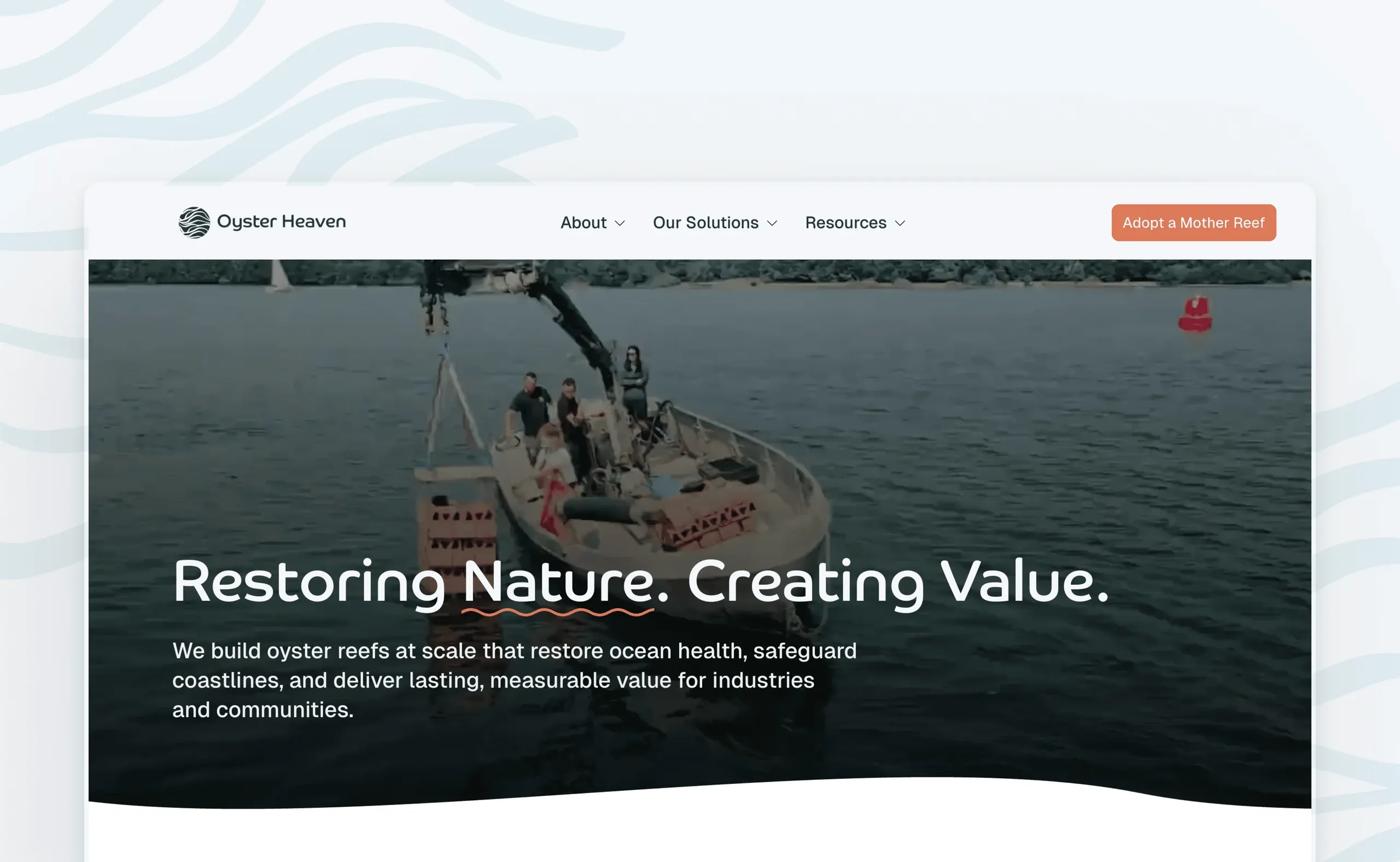 Oyster Heaven website homepage with headline 'Restoring Nature. Creating Value.' over an ocean photo with a boat, and a top navigation menu.