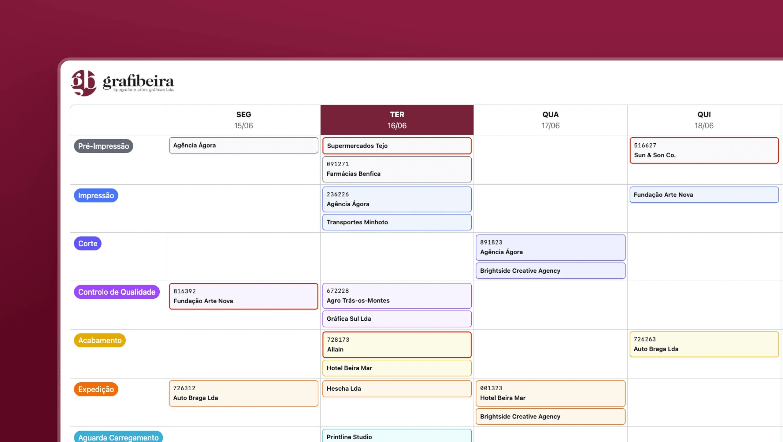 Calendar view with printing projects from Grafibeira on top of a red gradient background