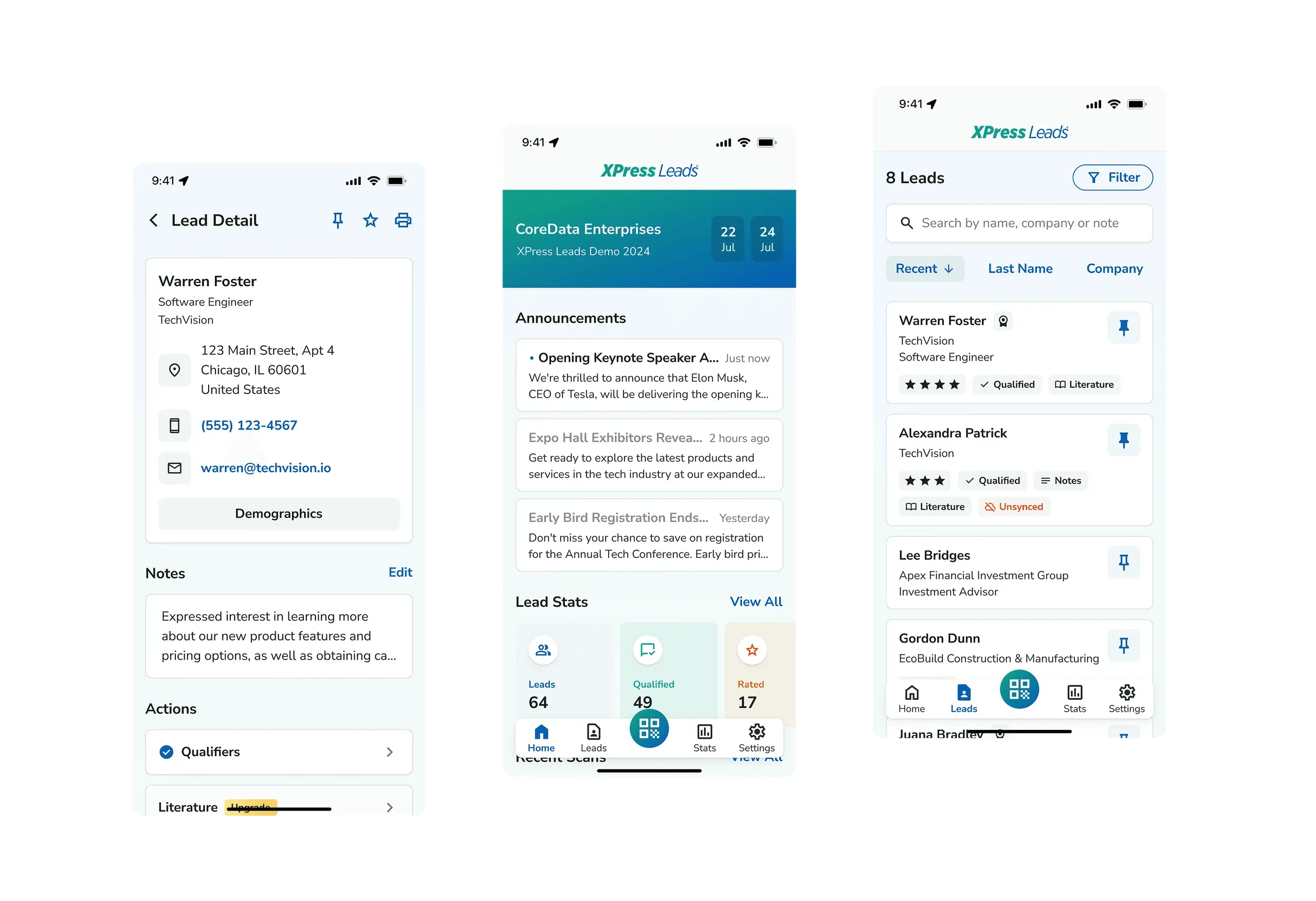 XPress Leads app after the redesign: lead detail, event home and leads list screens