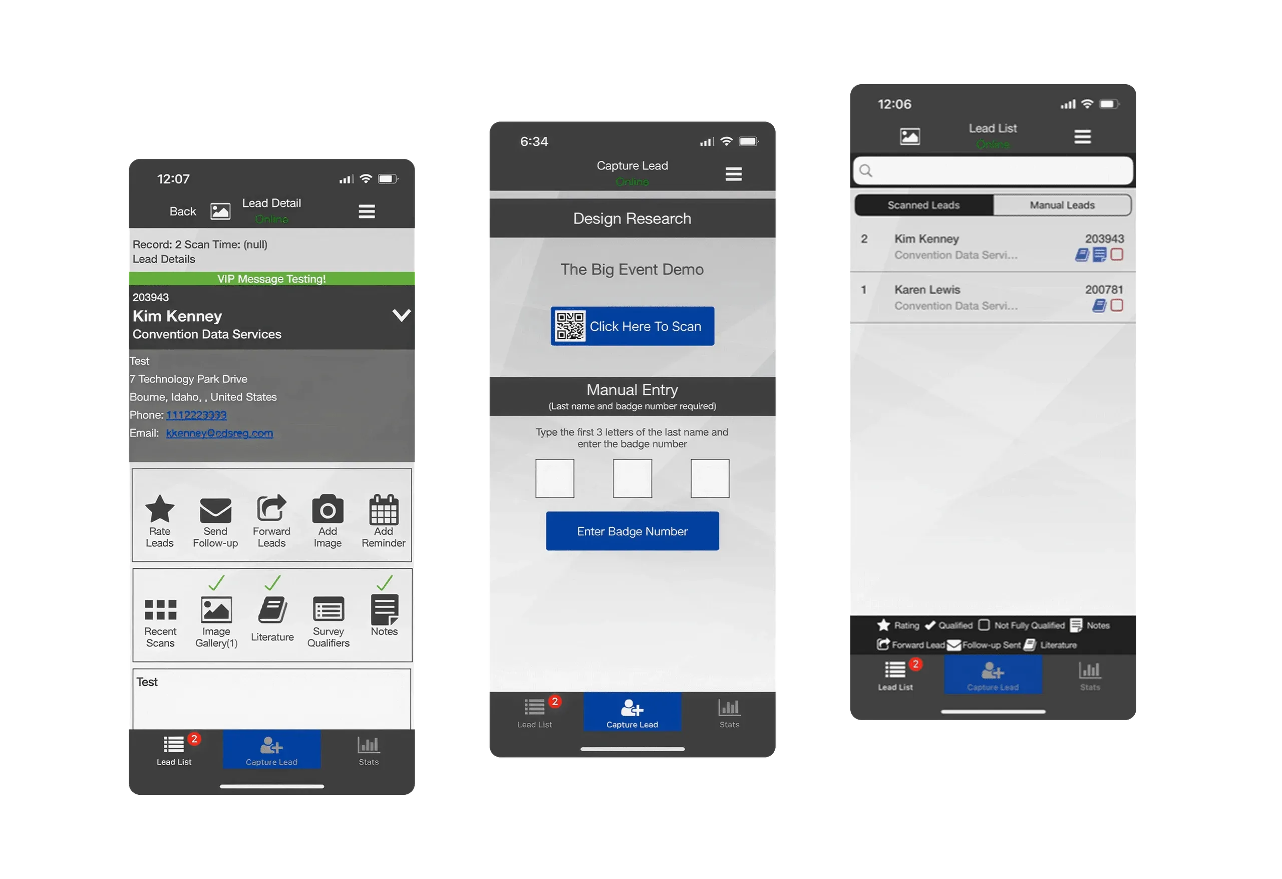 XPress Leads app before the redesign: lead detail, capture lead and lead list screens