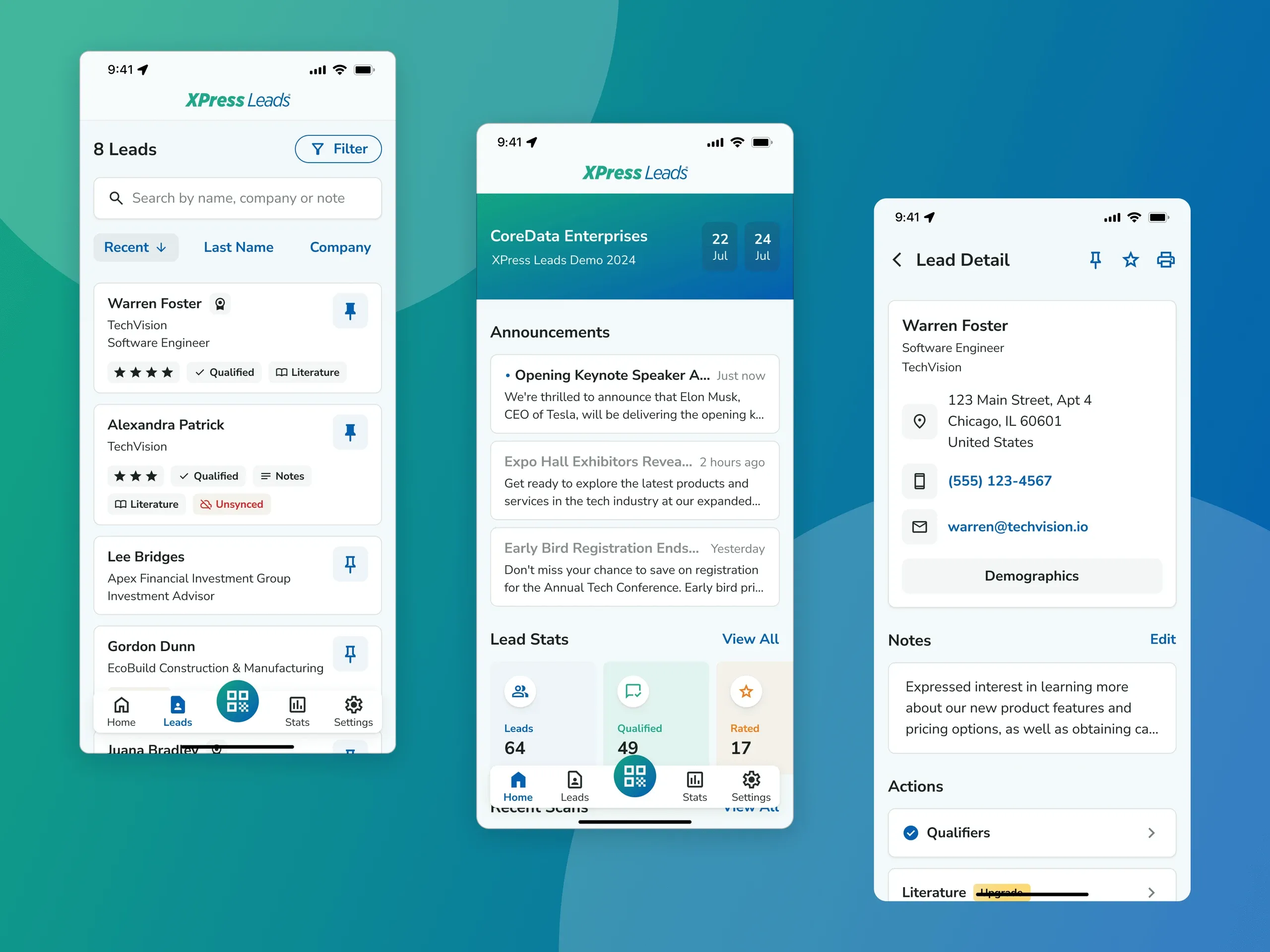 Three XPress Leads app screens: the leads list, event announcements and lead details