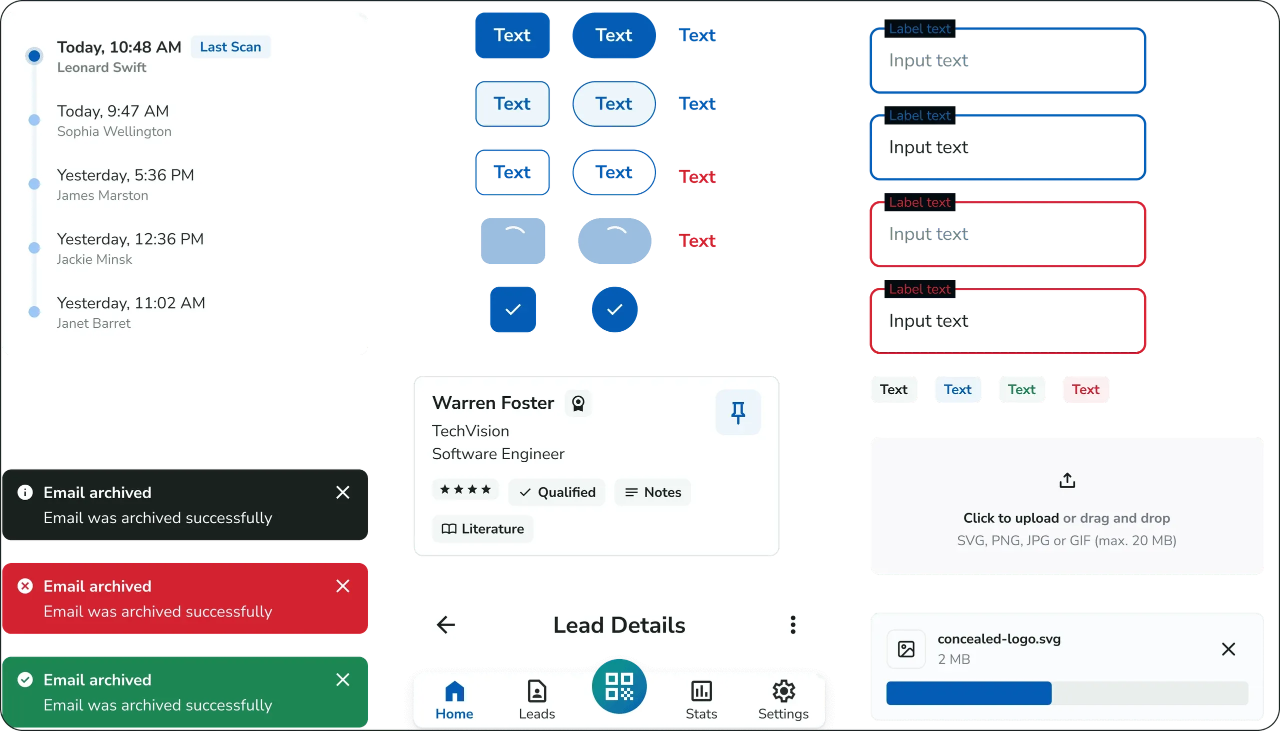 XPress Leads design system components: a scan timeline, buttons, inputs, alerts, a lead card and navigation