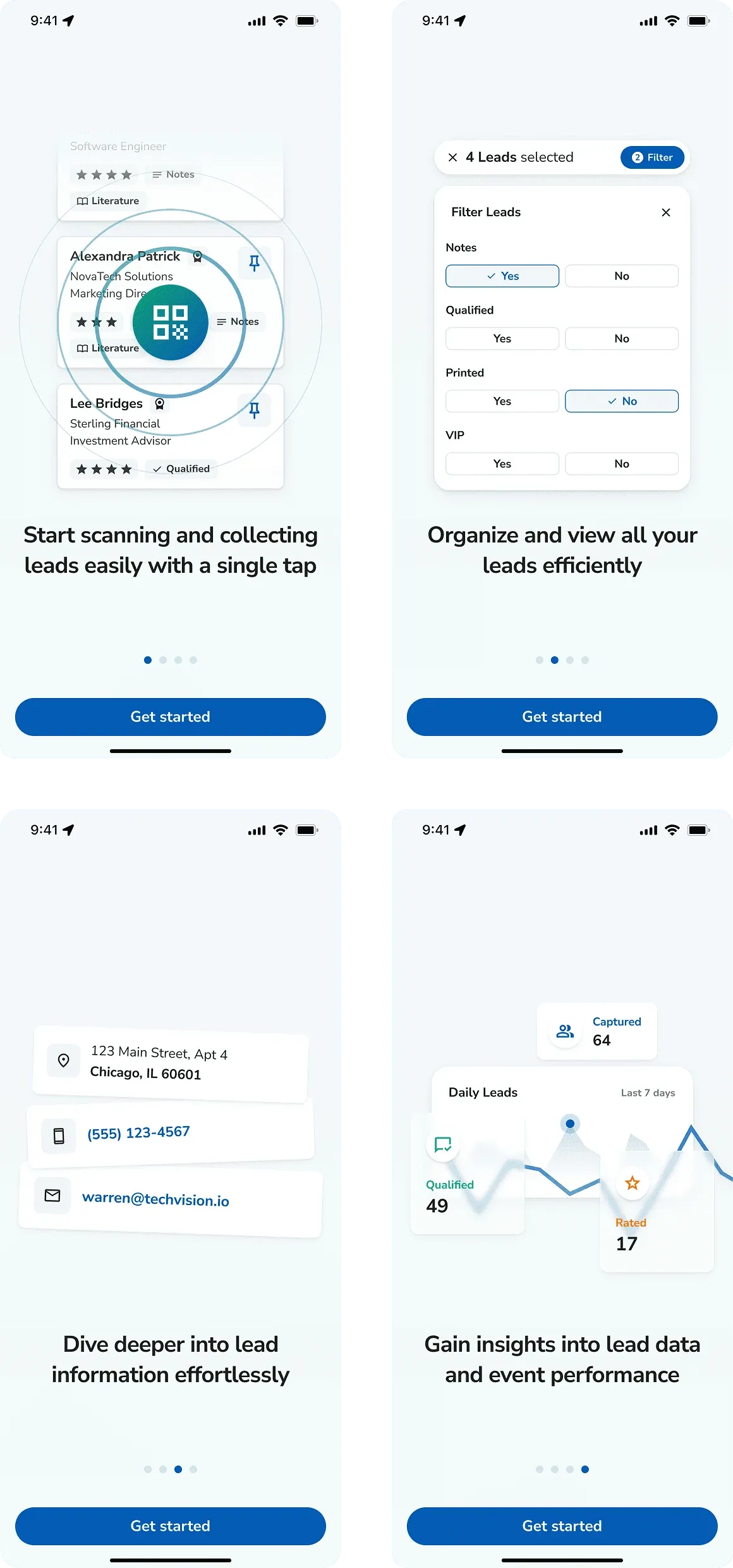 XPress Leads onboarding screens in a two-by-two grid