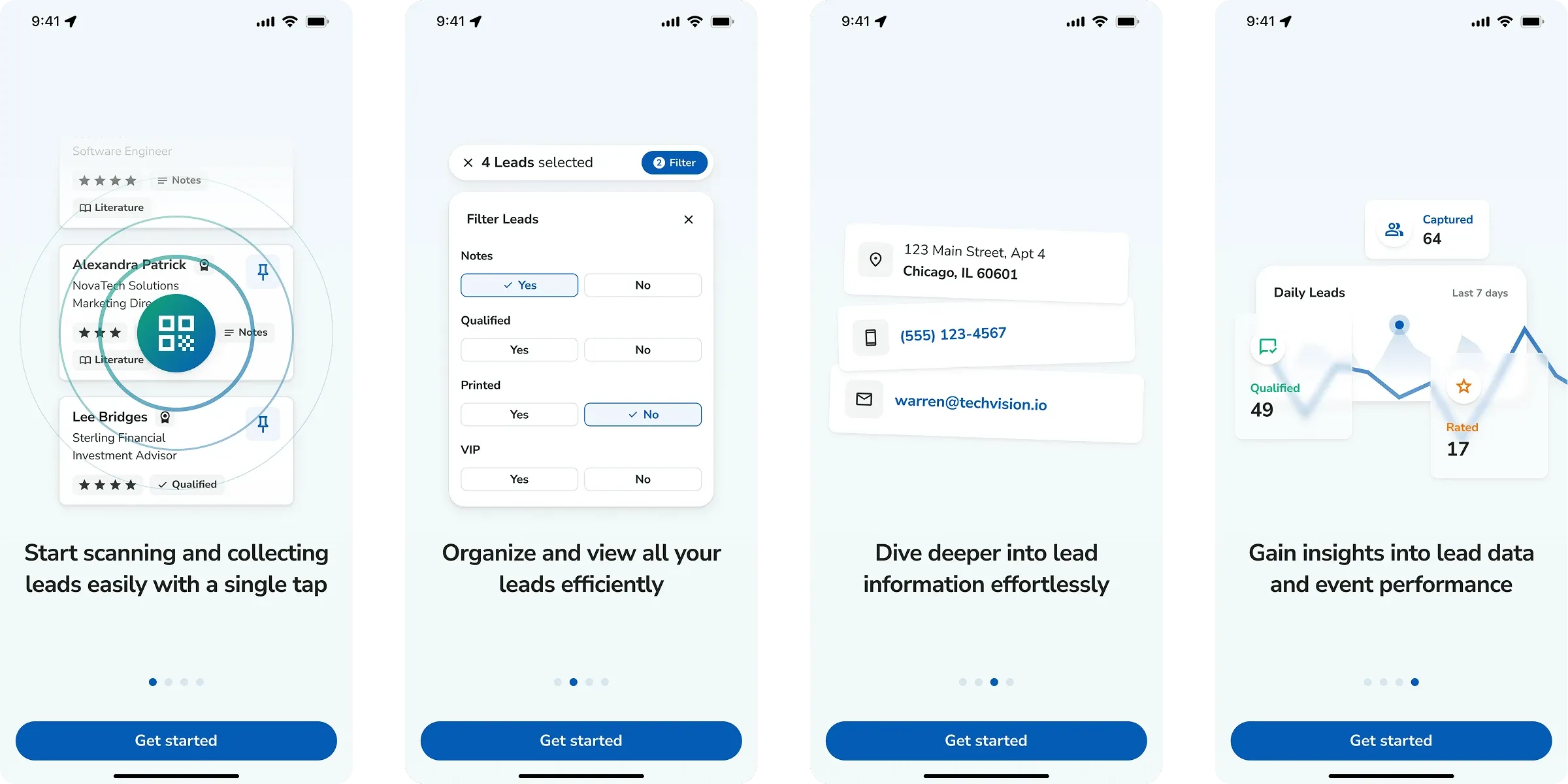 XPress Leads onboarding screens: scanning leads, organising leads, lead details and lead insights