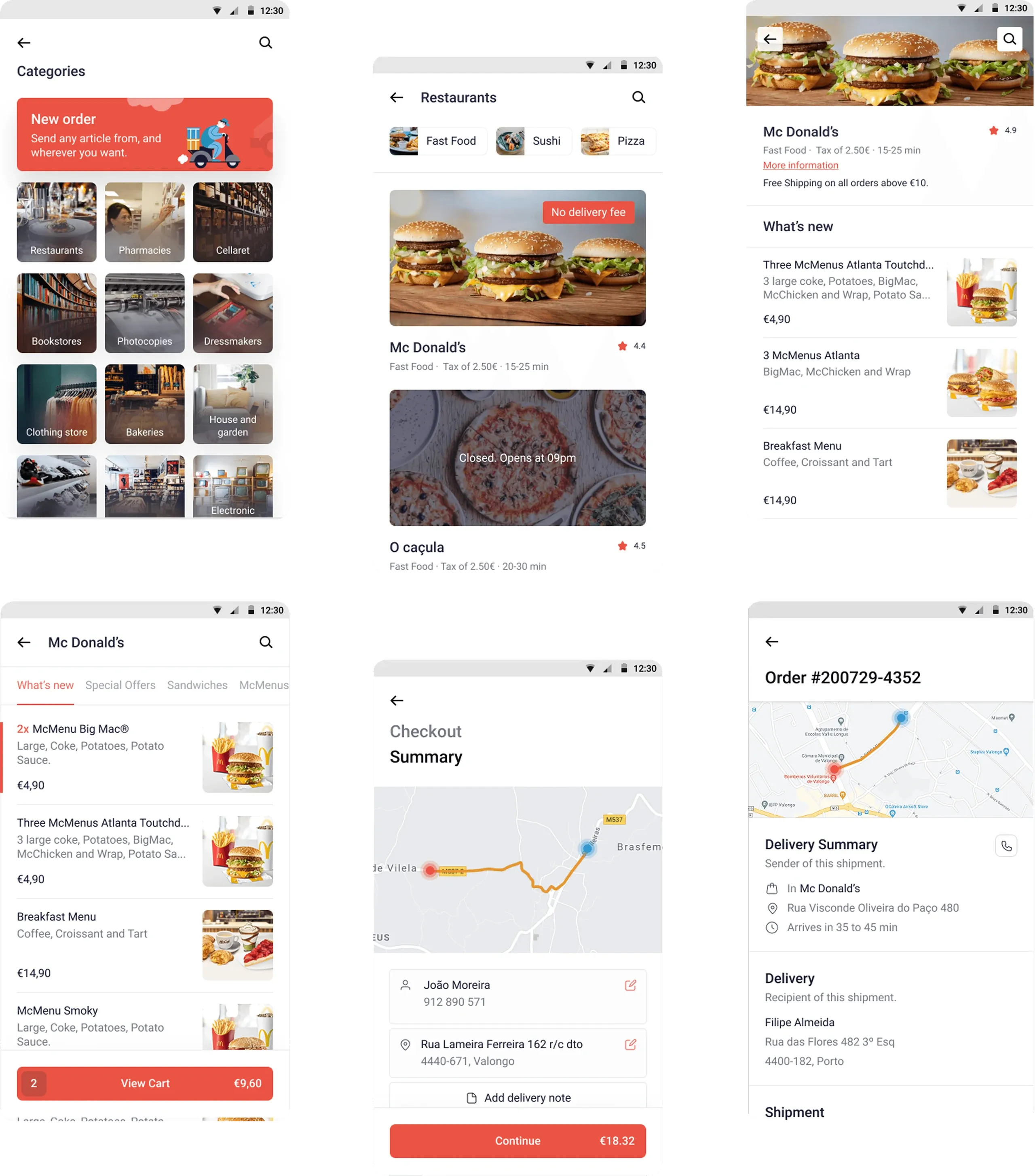 YouShip delivery flow screens, from categories and restaurant menus to checkout and order tracking
