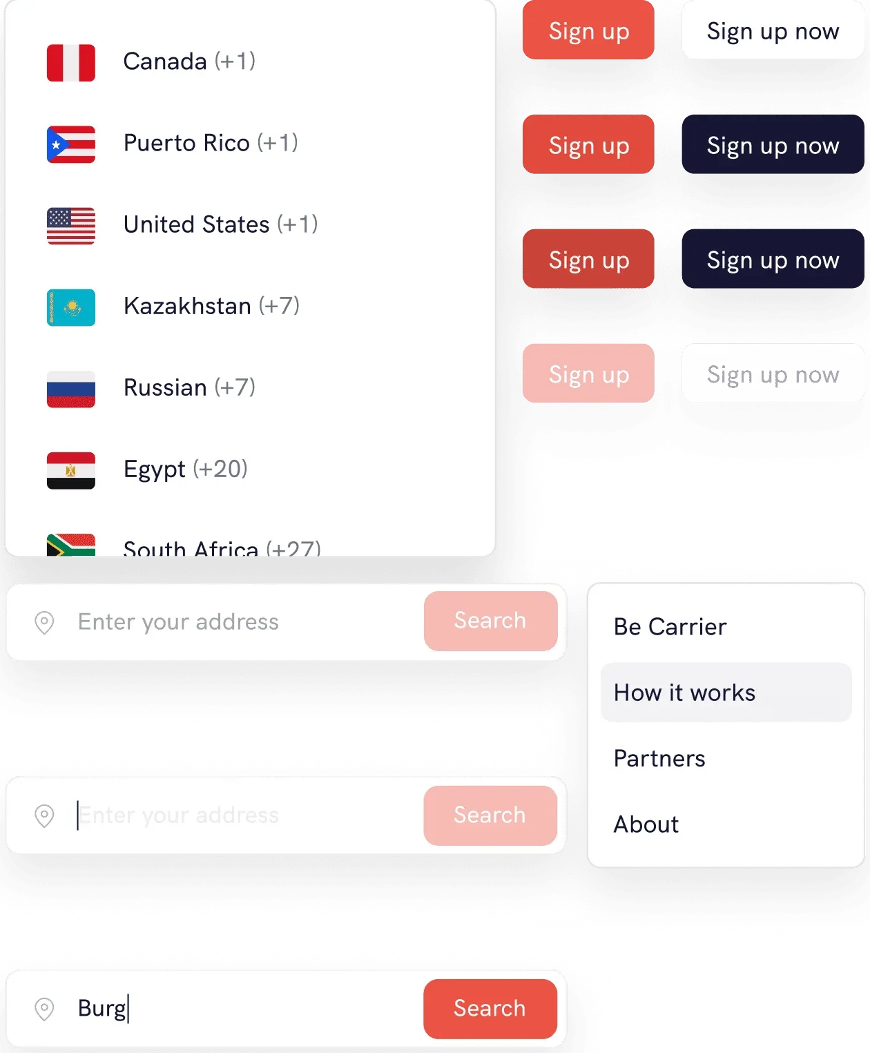 YouShip design system components: a country list, buttons, address search and a menu