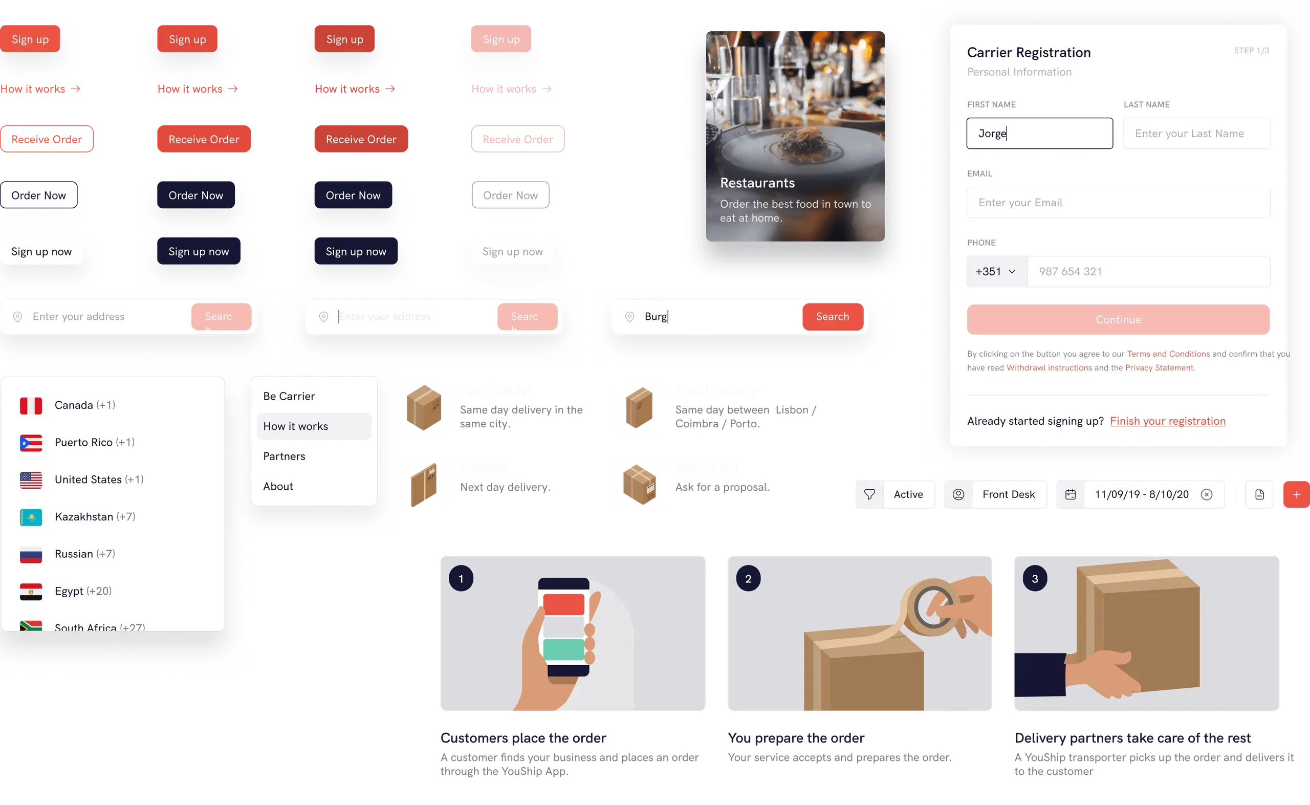 YouShip design system components: buttons, inputs, a country list, menus, delivery options and order step illustrations