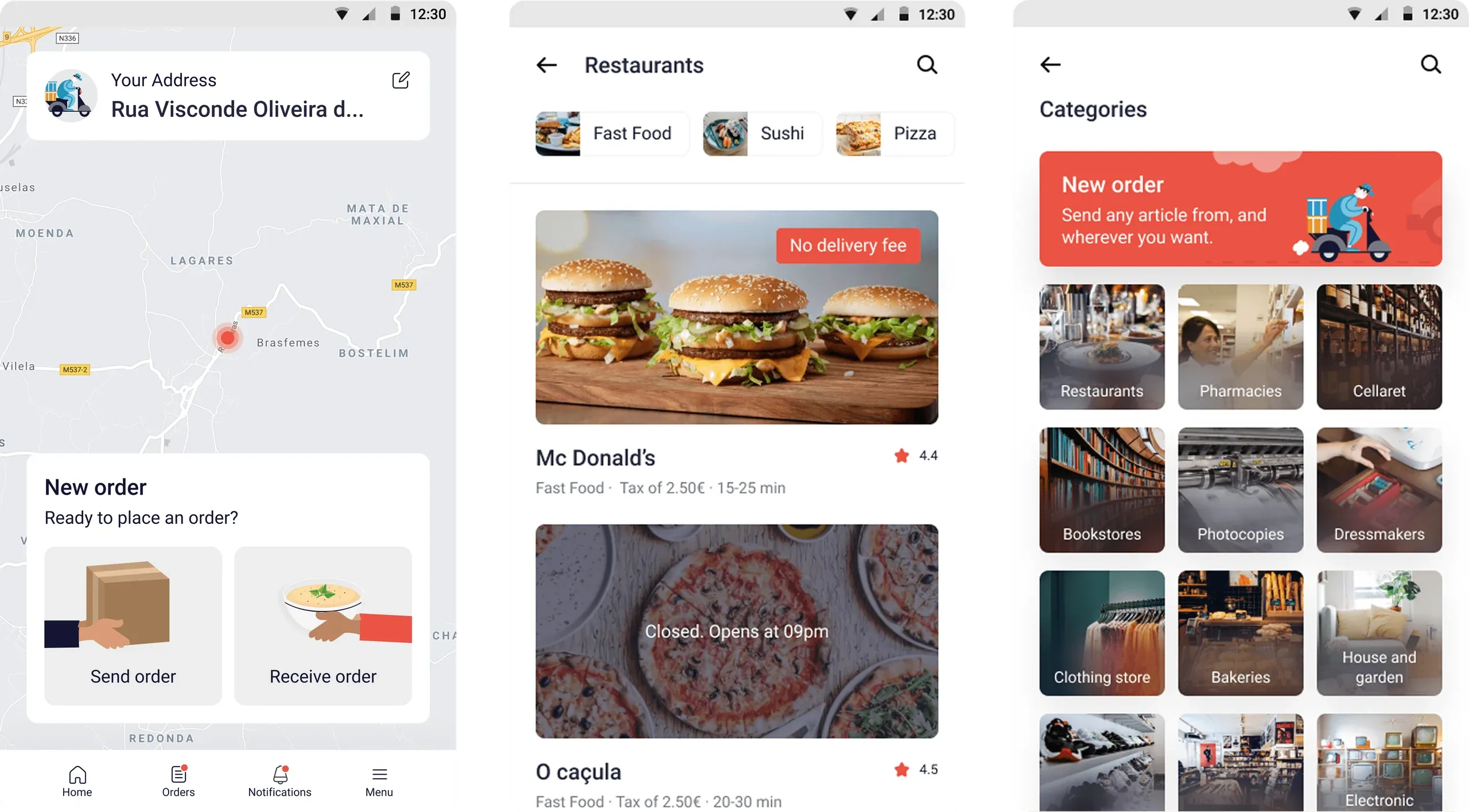 YouShip main screens: home with a map and new order options, restaurants and categories