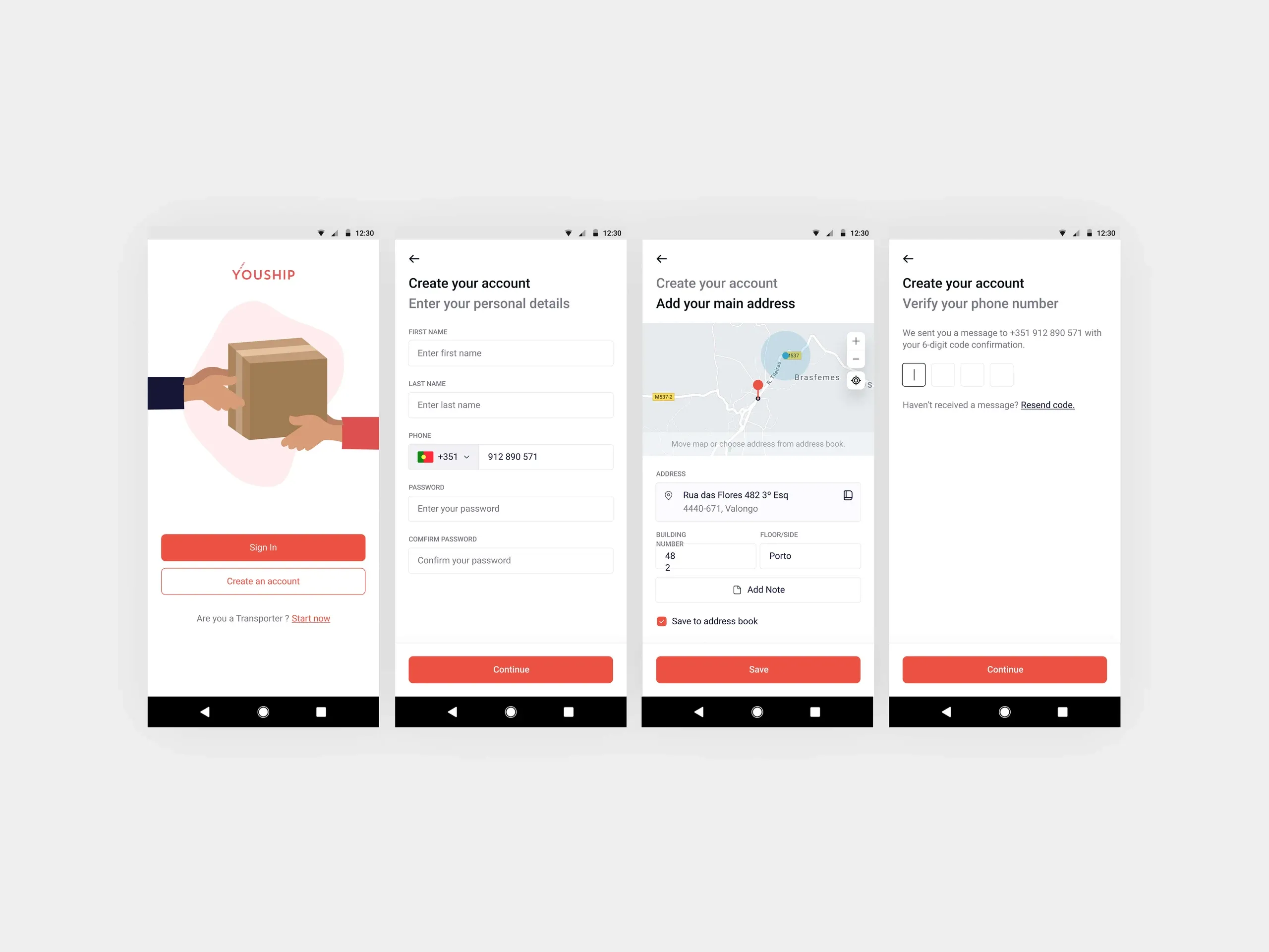 YouShip mobile app after the redesign: welcome and account creation screens