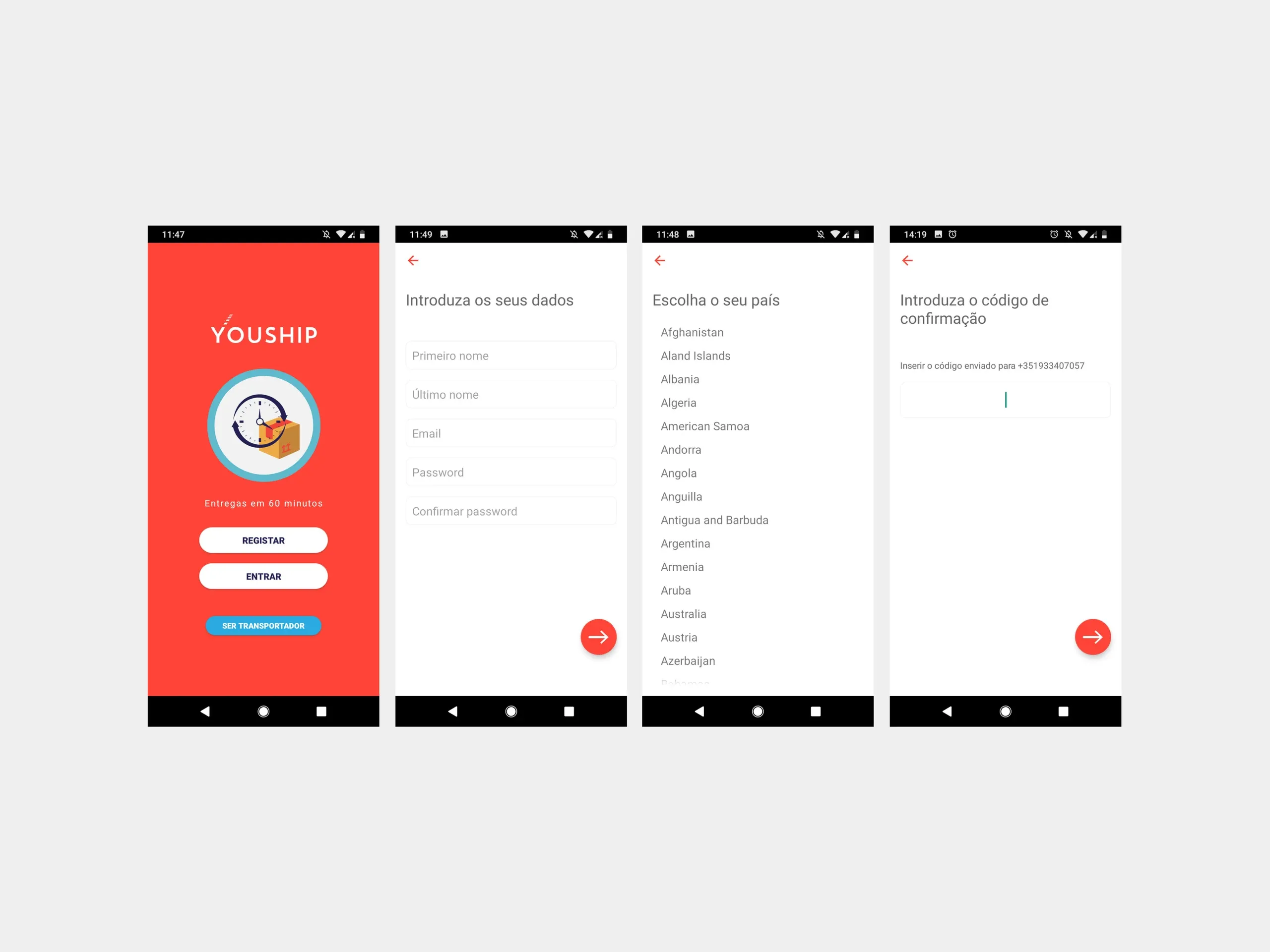 YouShip mobile app before the redesign: welcome, sign-up, country and confirmation code screens