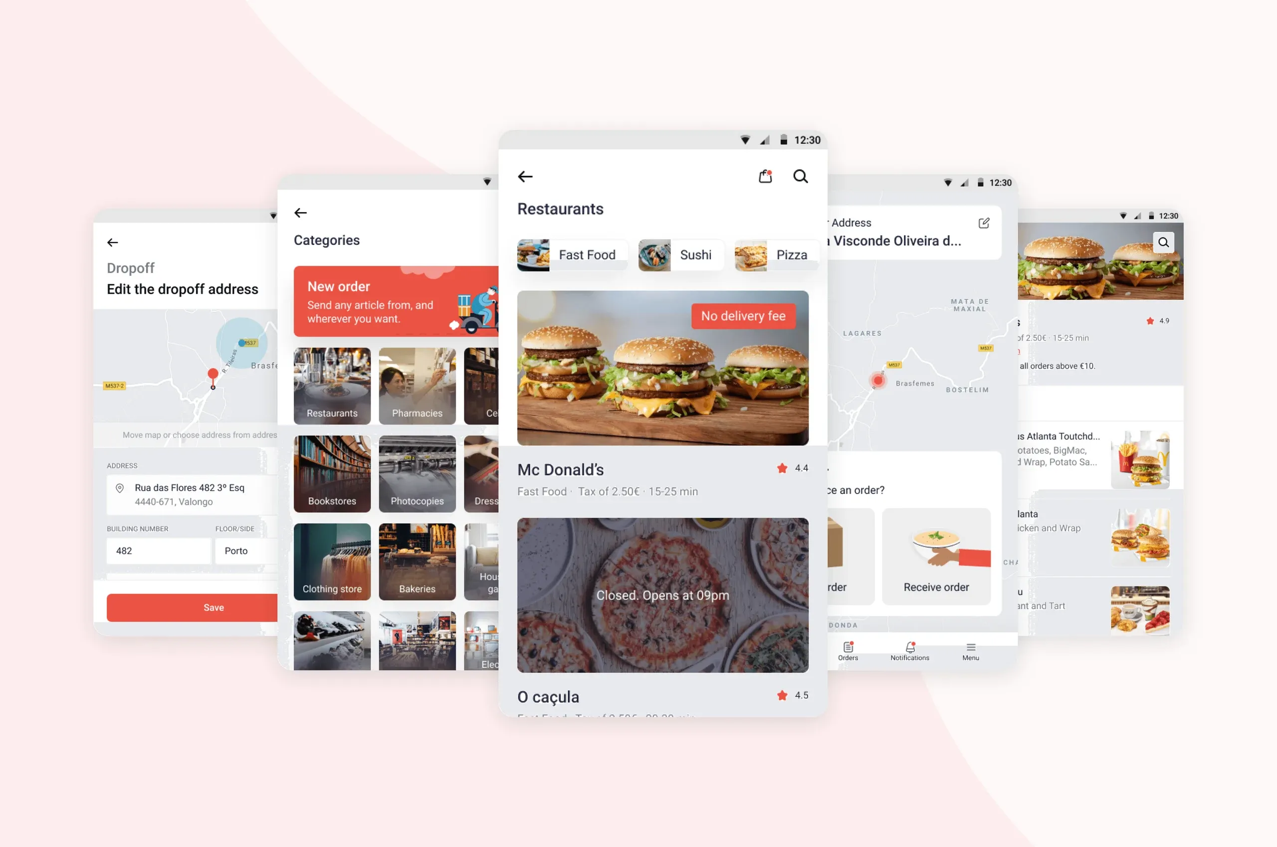 YouShip mobile app screens: dropoff address, categories, restaurants, order map and food menu