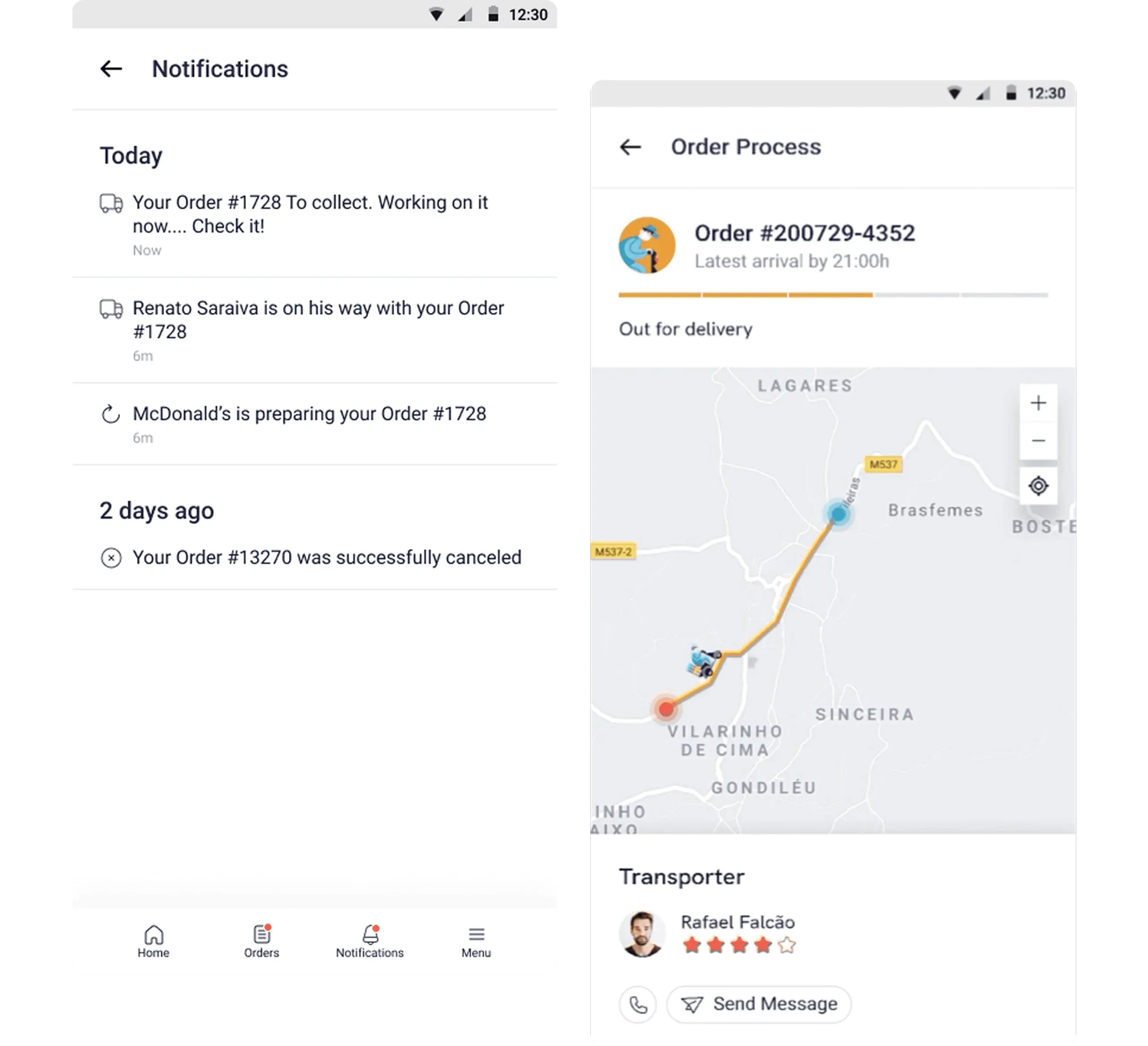 YouShip notifications screen and real-time order tracking on a map
