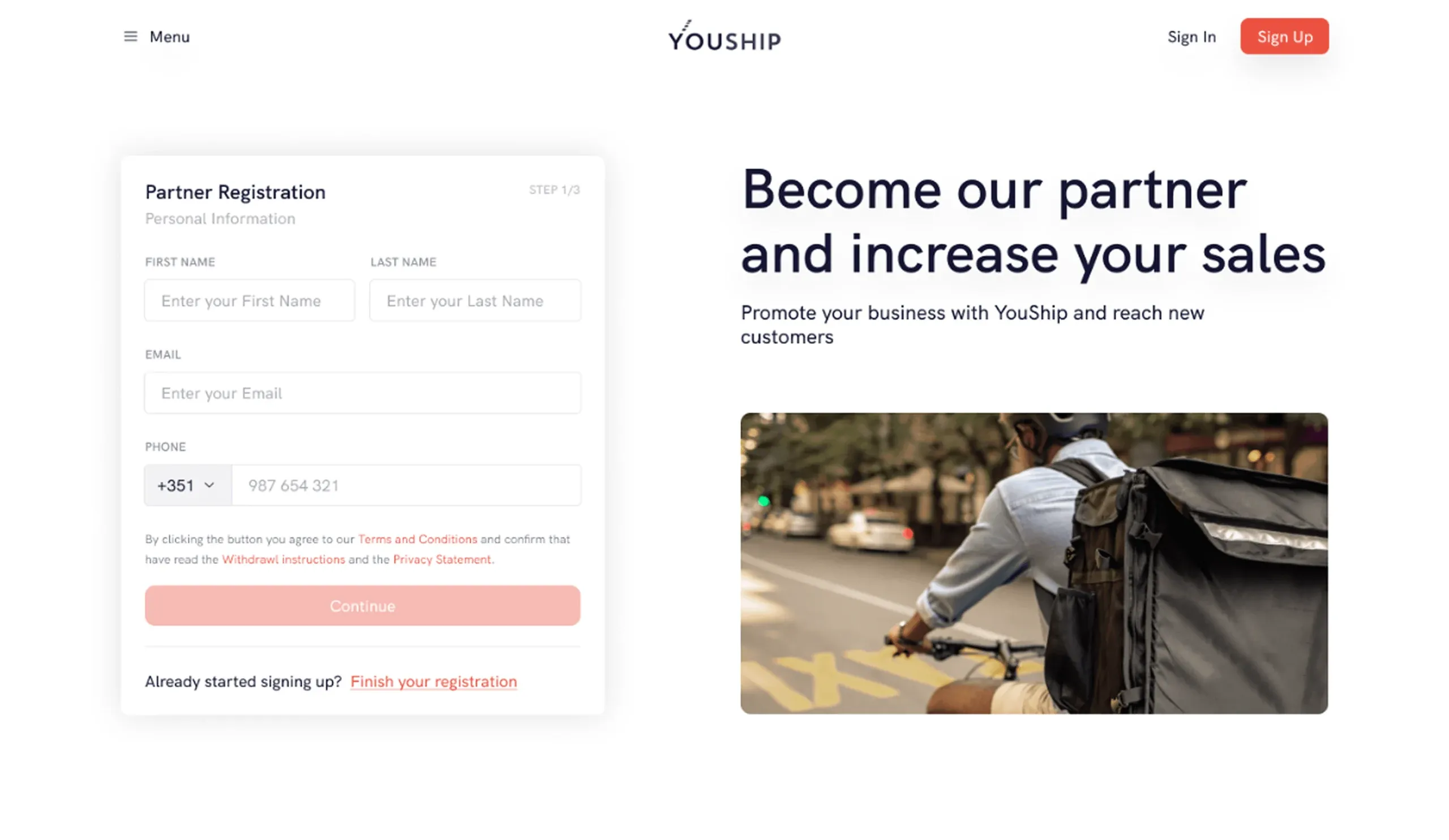 YouShip partner registration page, "Become our partner and increase your sales"