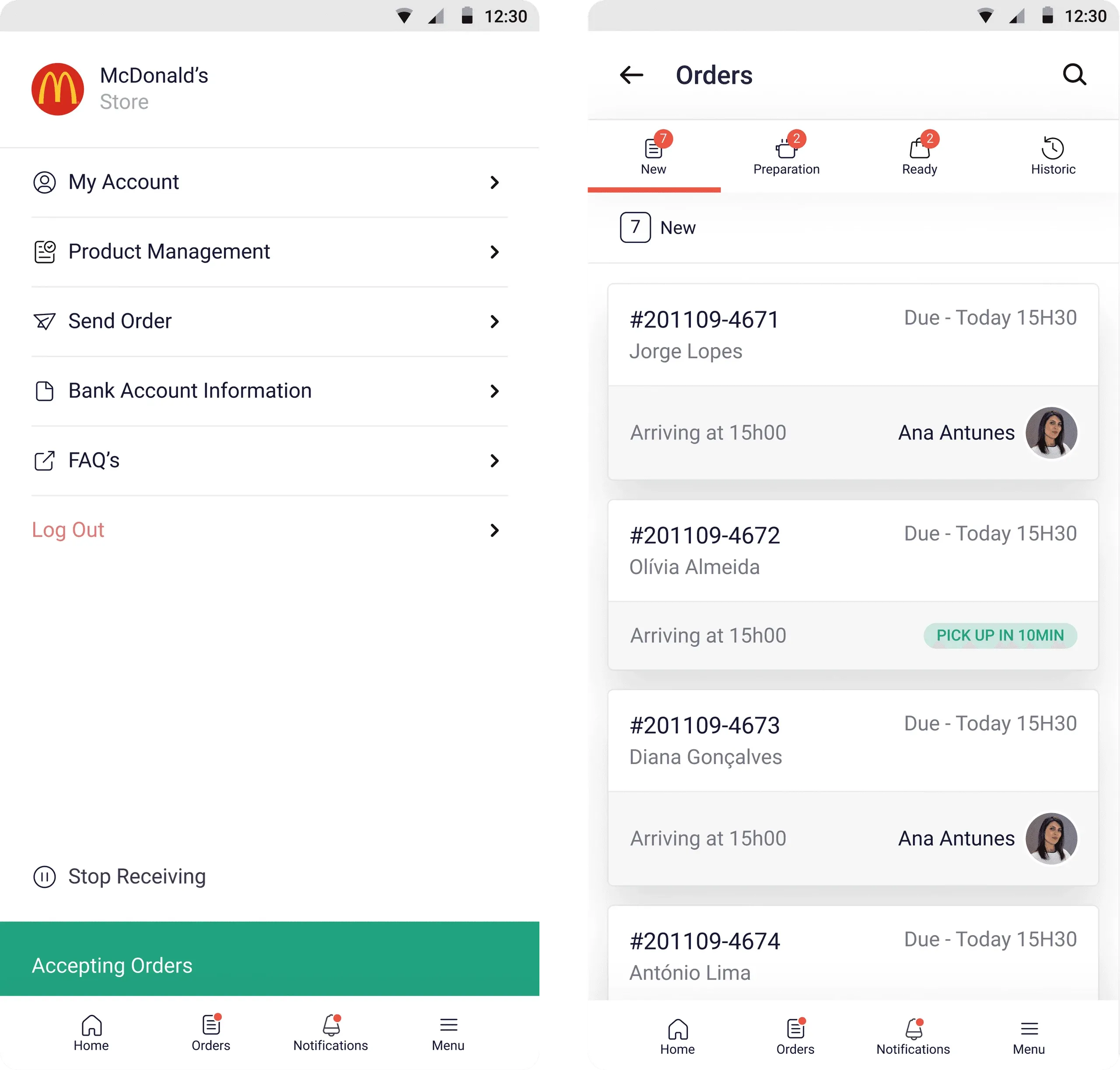 YouShip partner screens for a McDonald's store: account menu and incoming orders