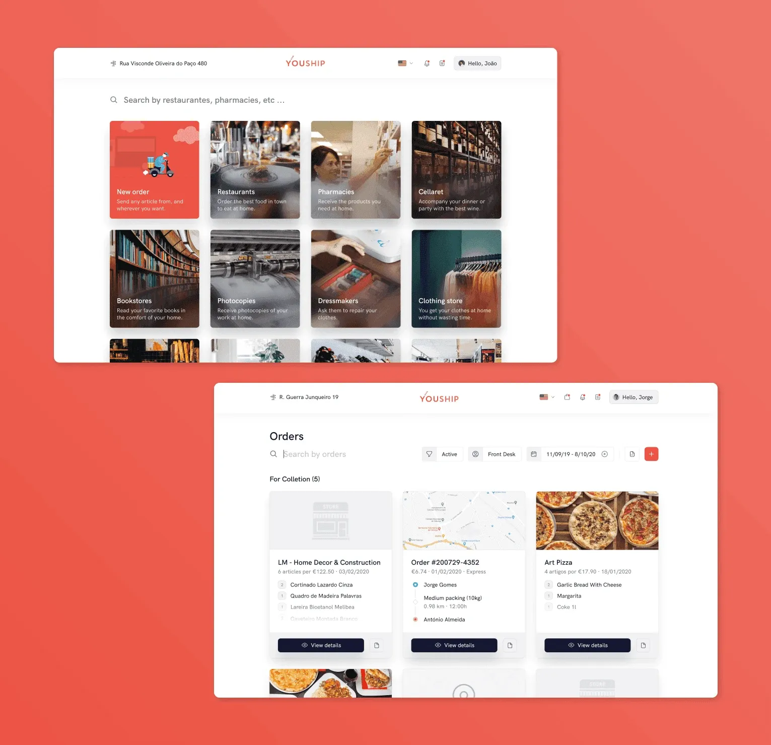 Two Youship web app screens: the browse screen with service category cards, and an orders dashboard showing active deliveries with item lists, delivery routes, and a 'View details' action on each order.