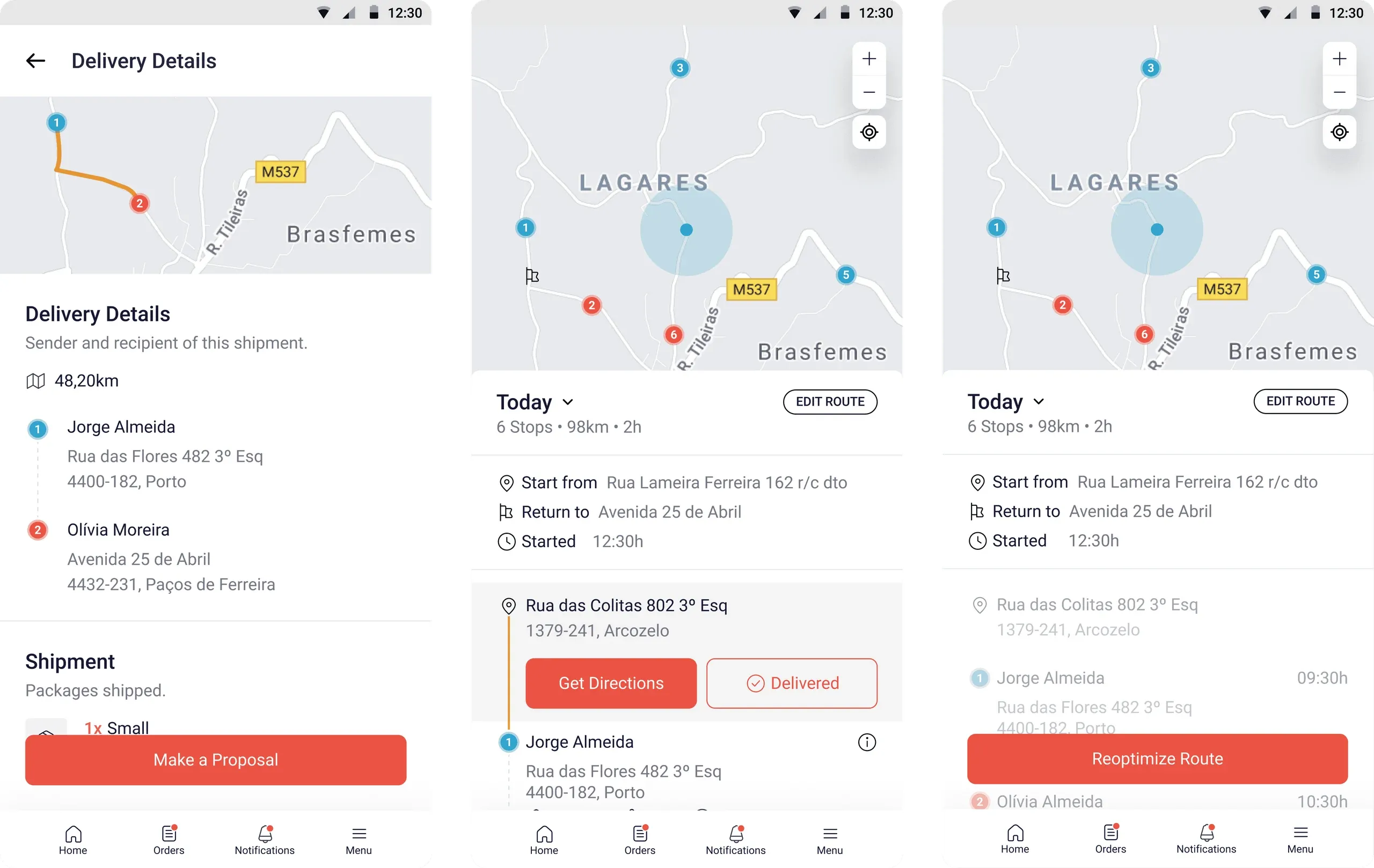 YouShip transporter screens: delivery details and a route with stops on a map
