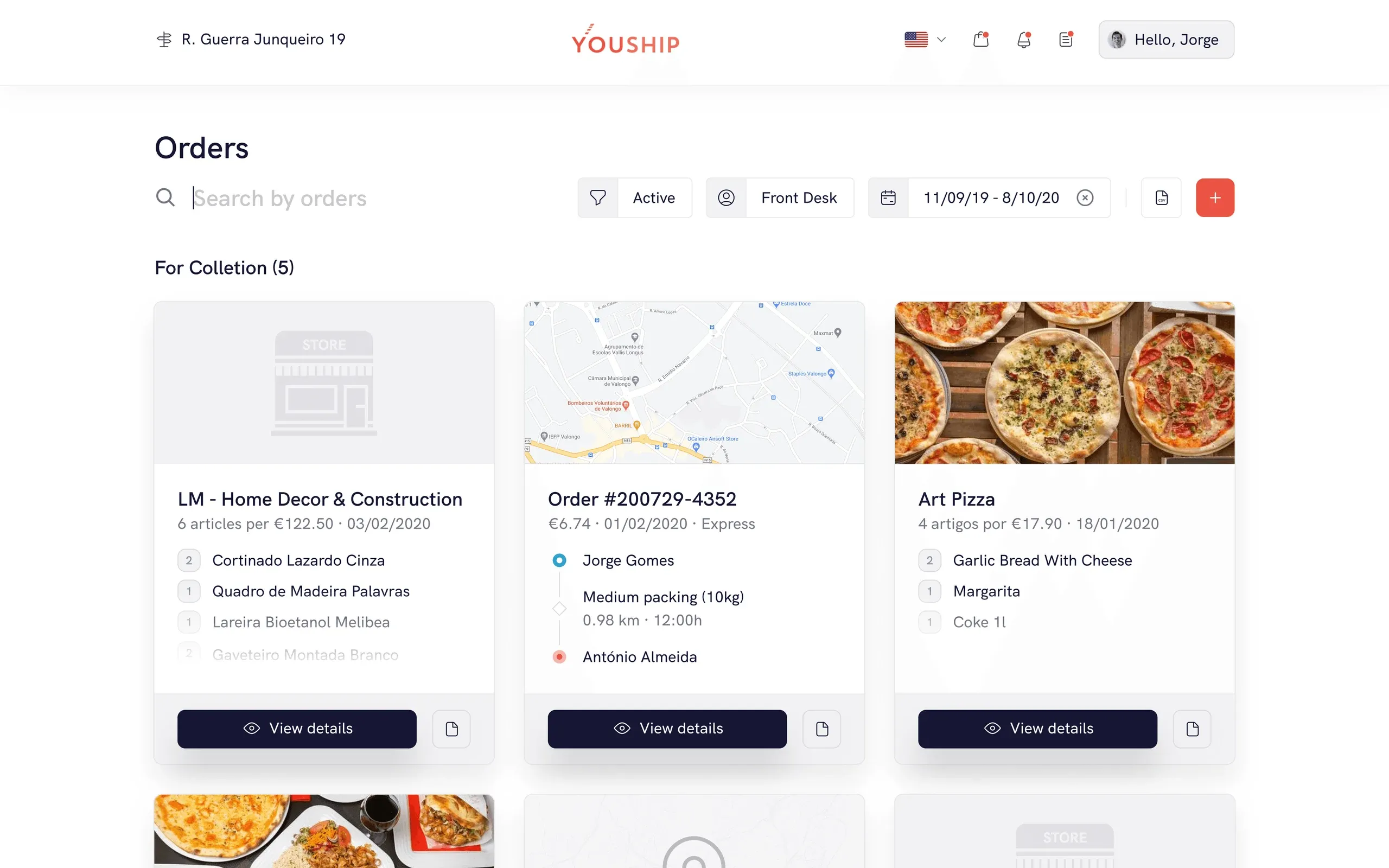 YouShip web app after the redesign: orders list for collection