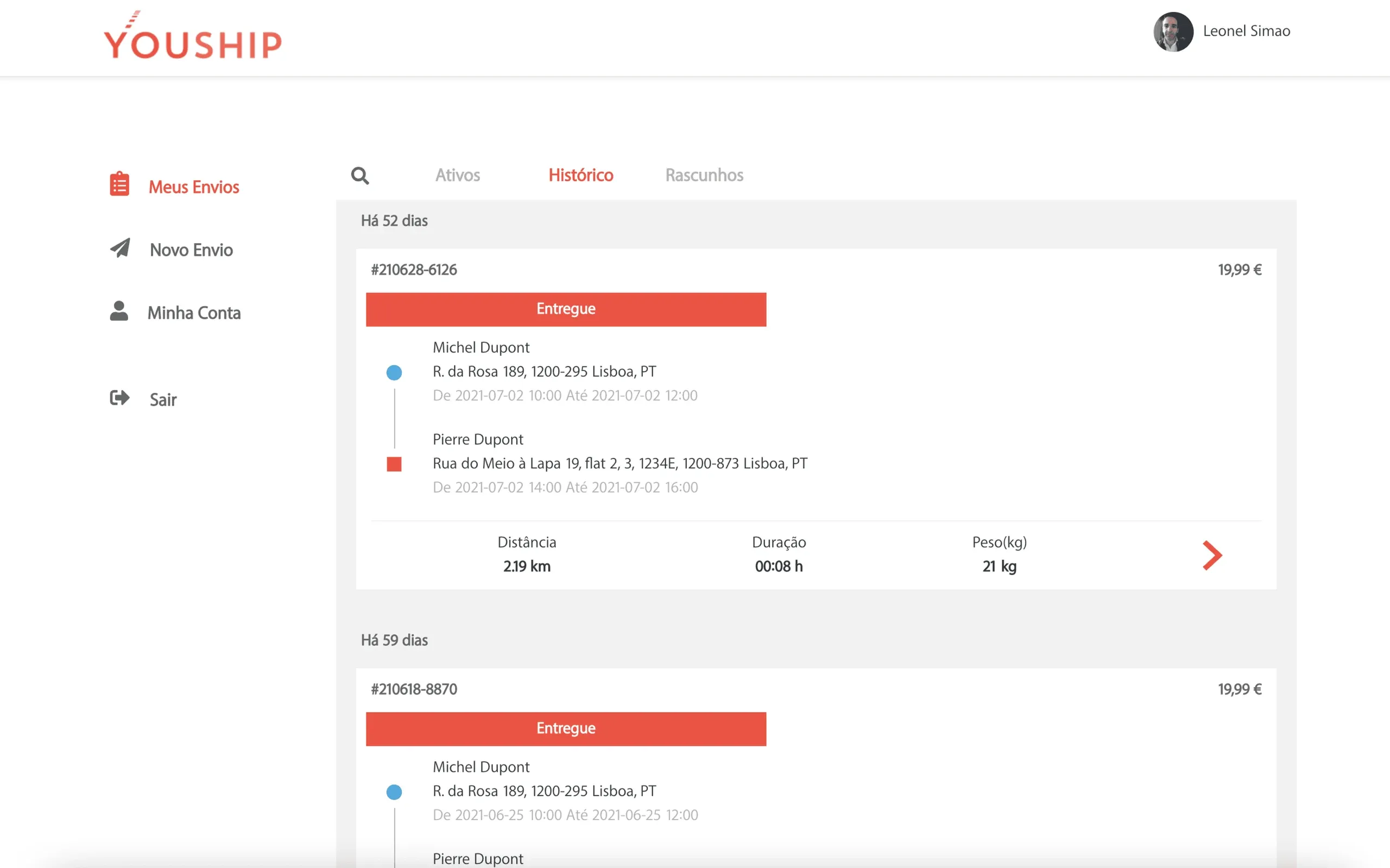 YouShip web app before the redesign: shipment history list