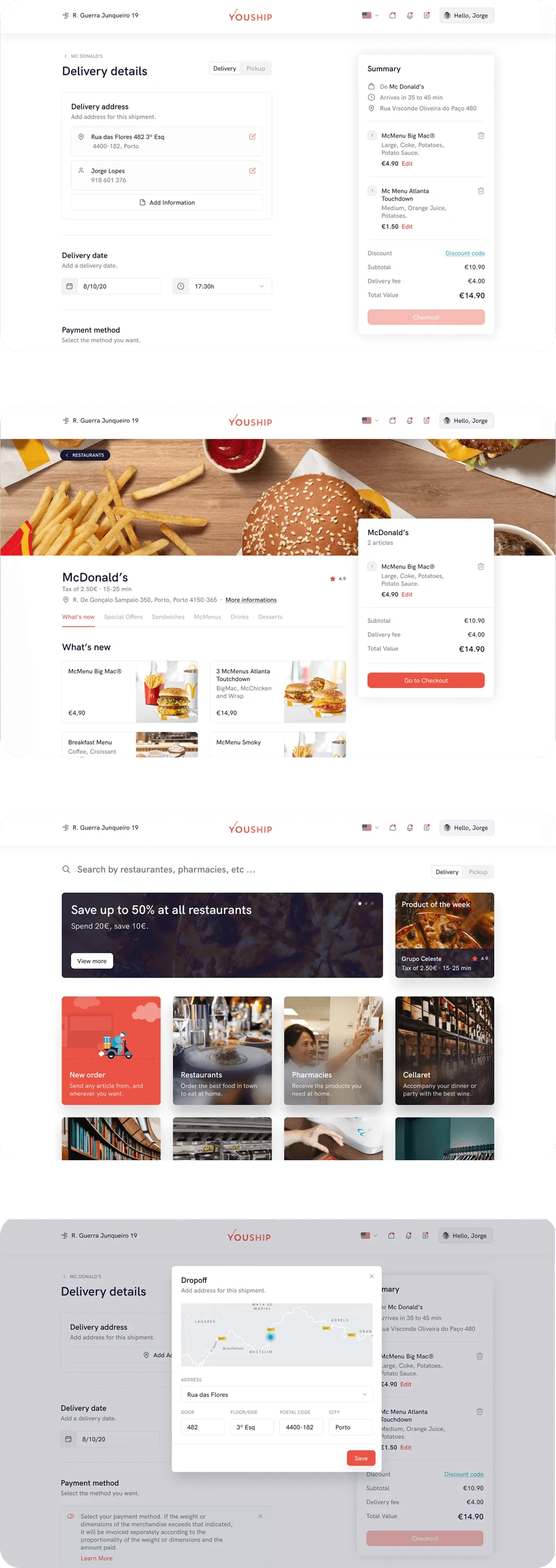 YouShip web app checkout flow arranged for a narrower screen