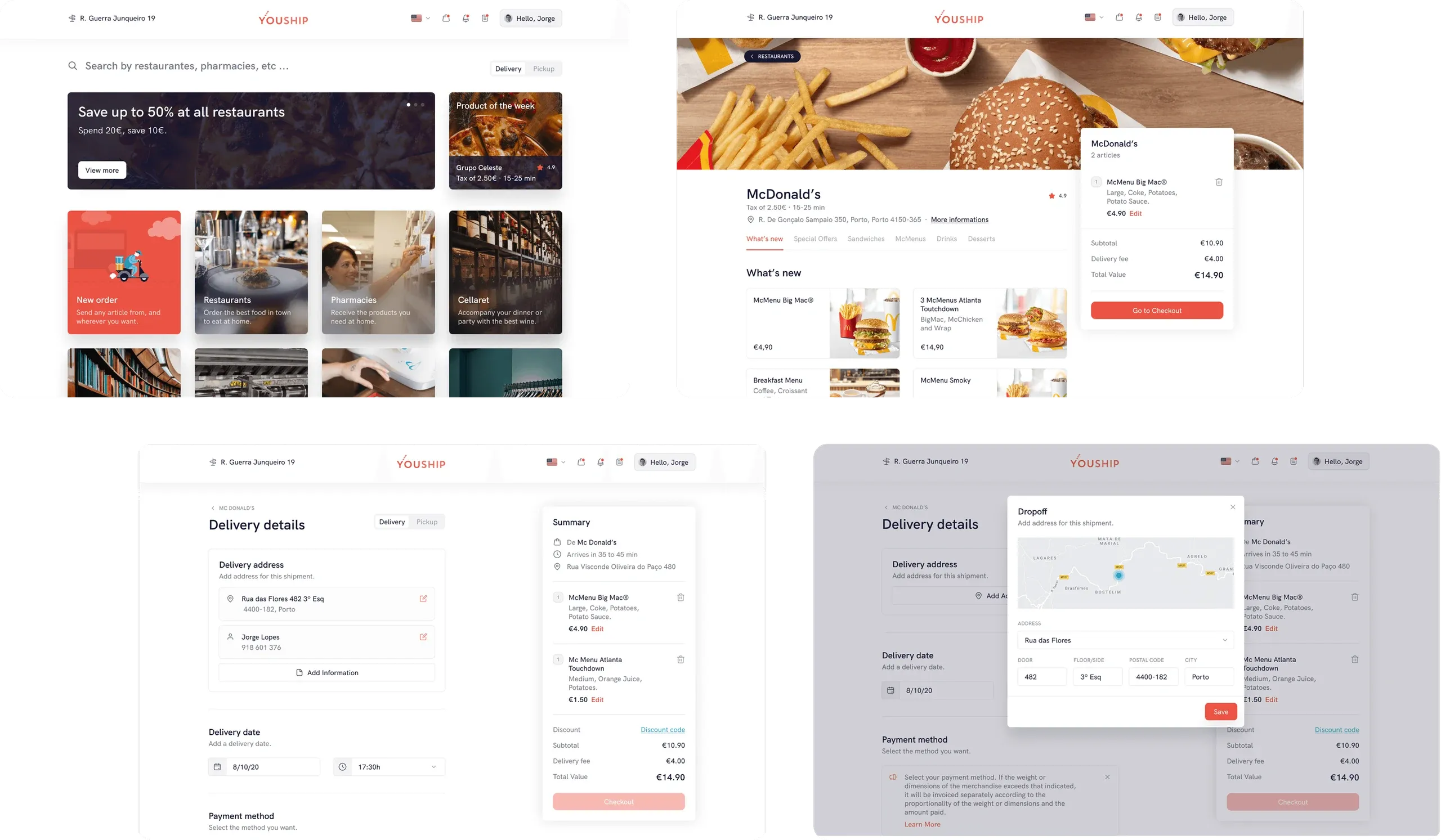 YouShip web app checkout flow: home, restaurant menu, delivery details and dropoff address
