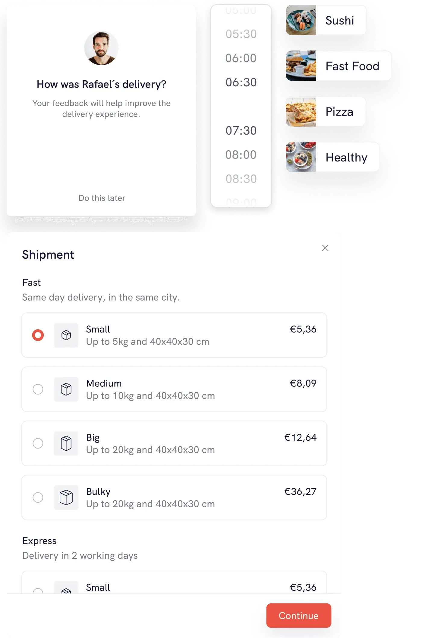 YouShip web app components: a delivery rating, time picker, category chips and shipment options