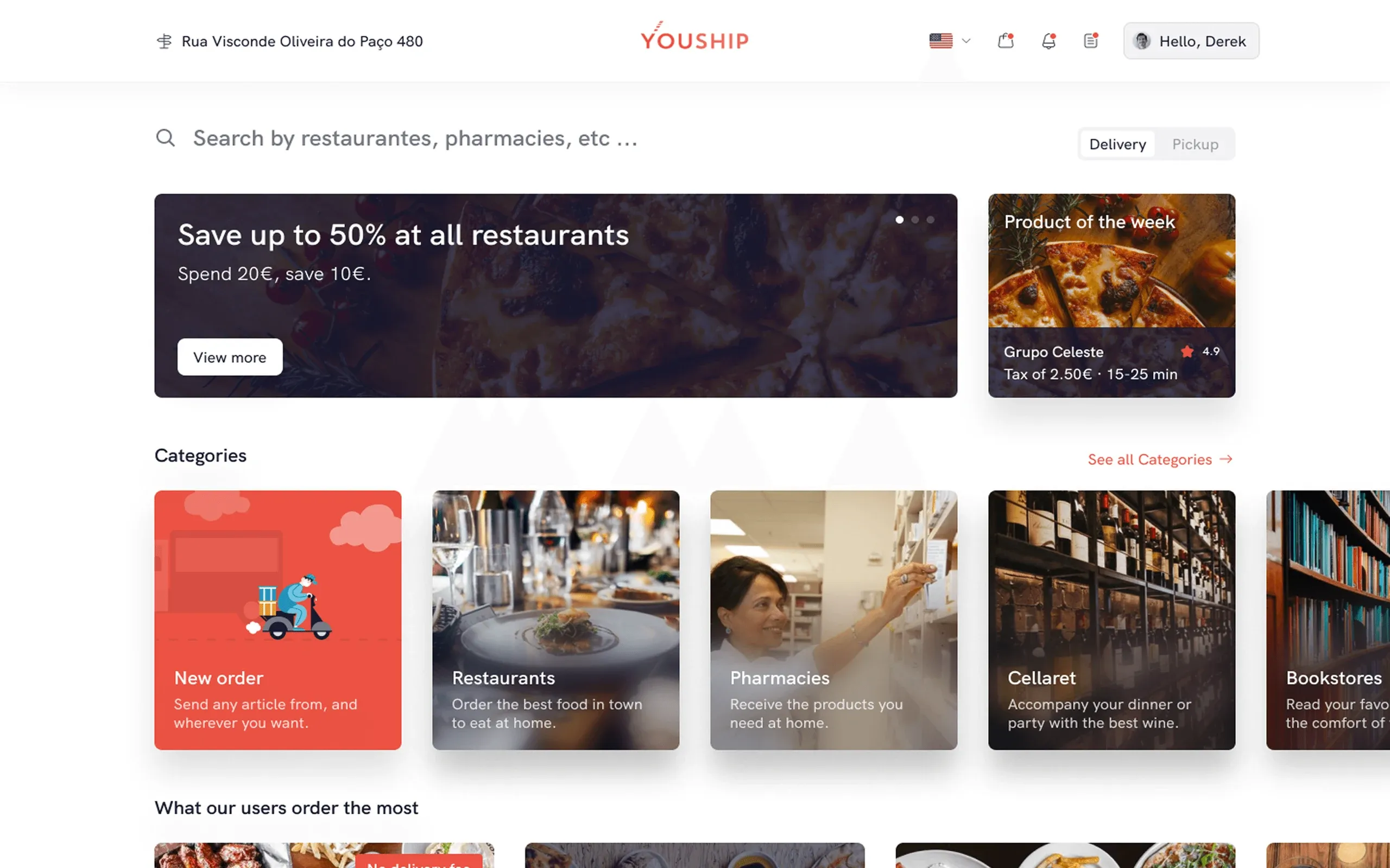 YouShip web app home with a restaurant promotion, product of the week and categories