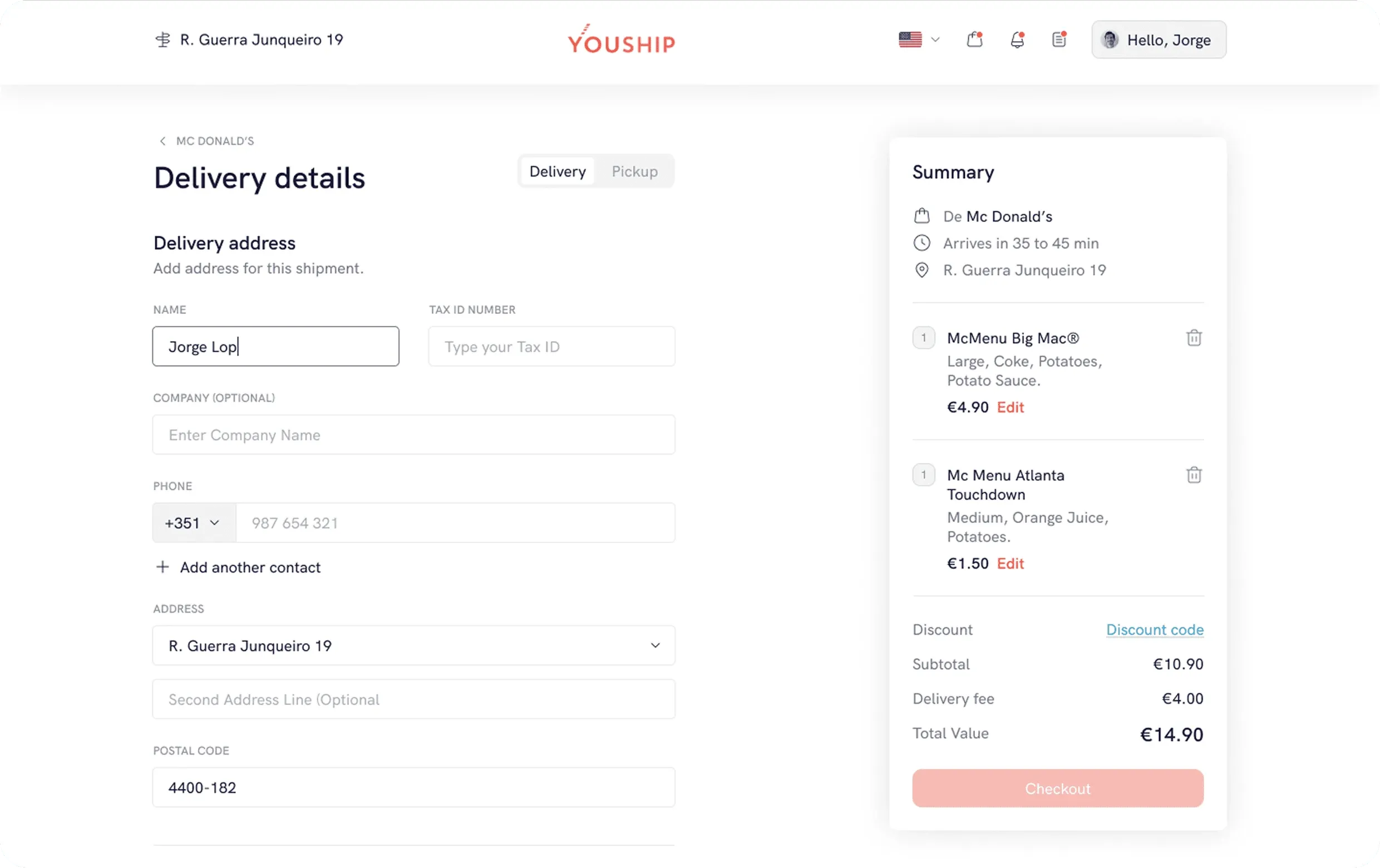 YouShip web app delivery details form with the order summary