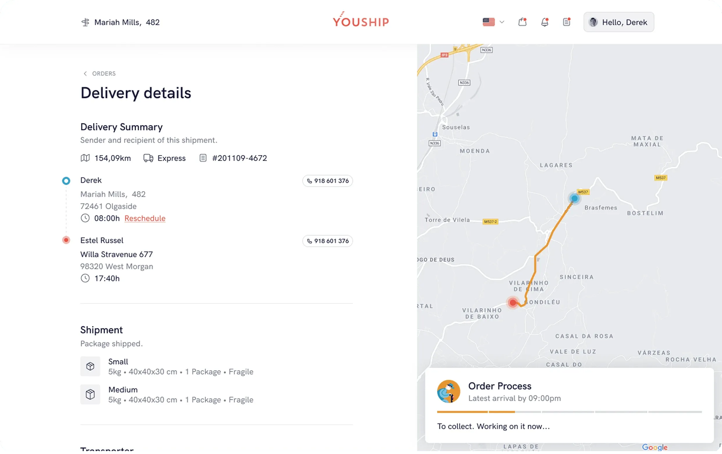 YouShip web app delivery details with sender, recipient, shipment and a route map